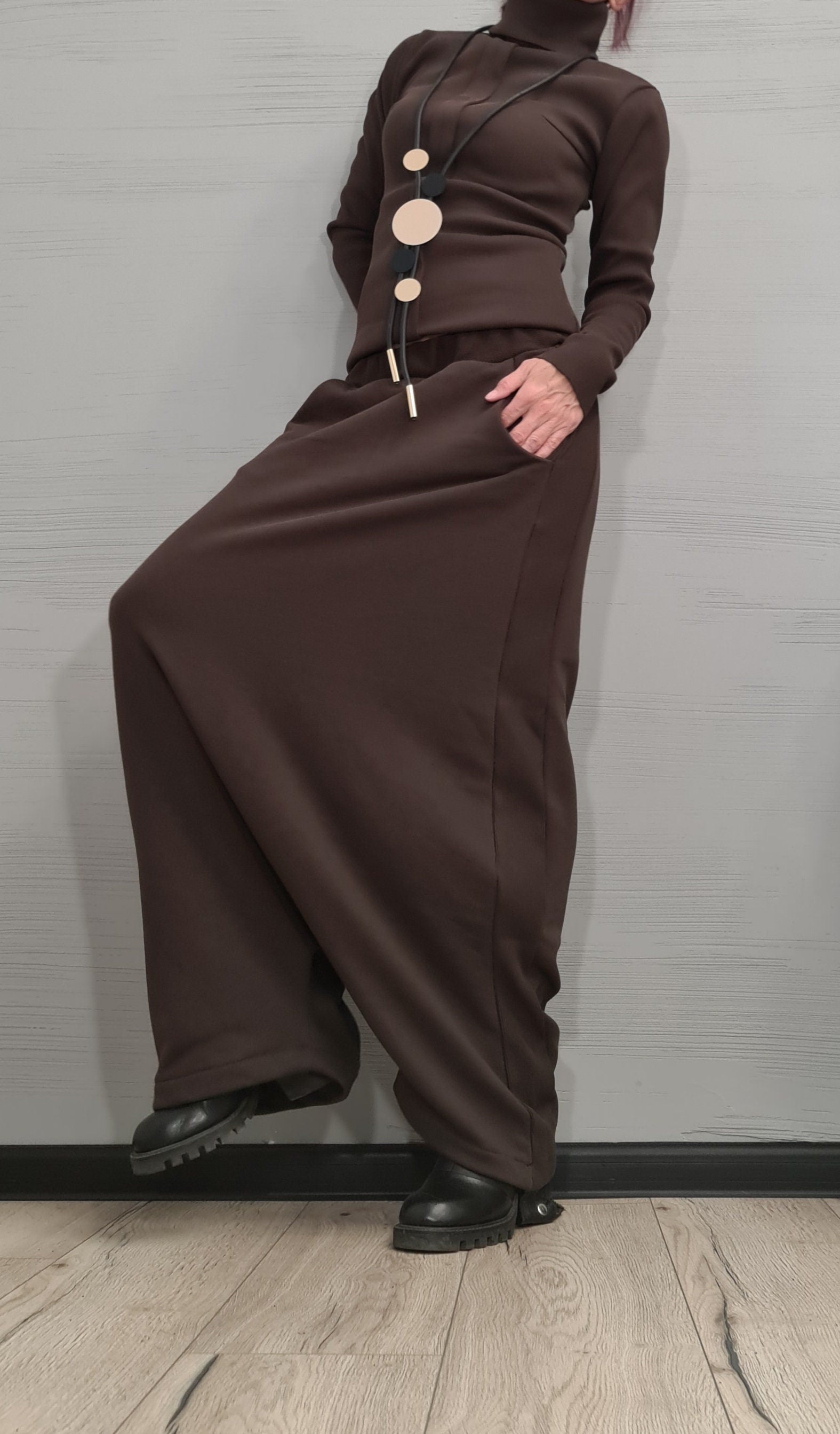 New collection Brown Outwear Women Set, Harem Pants, Extravagant Cotton Set, Extravagant Blouse, Harem pant, Asymmetrical Set