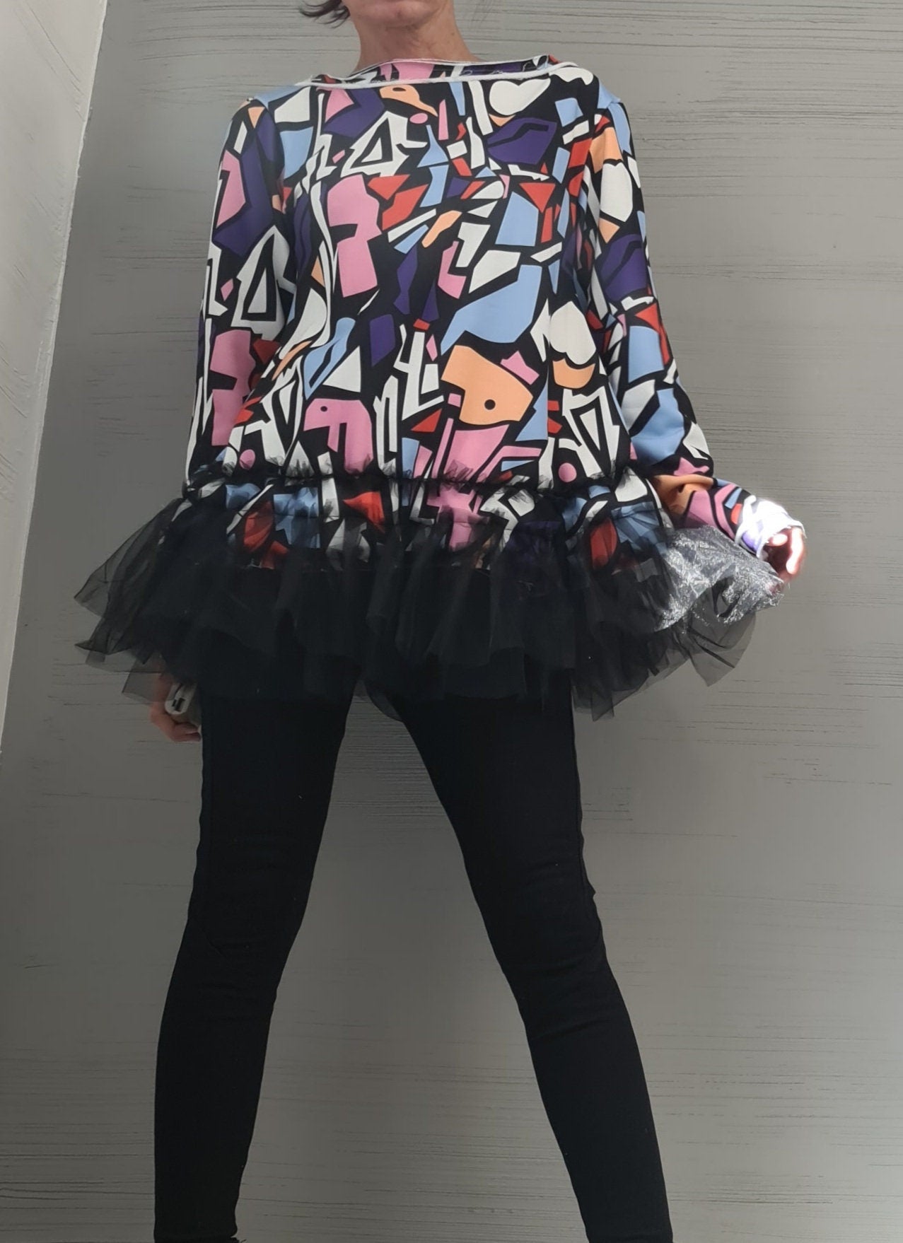 Avant Garde Tunic Blouse, New collection, Loose Tunic, Oversize Tunic Dress, Printed Tulle Top, Extravagant Tunic, Long Sleeve