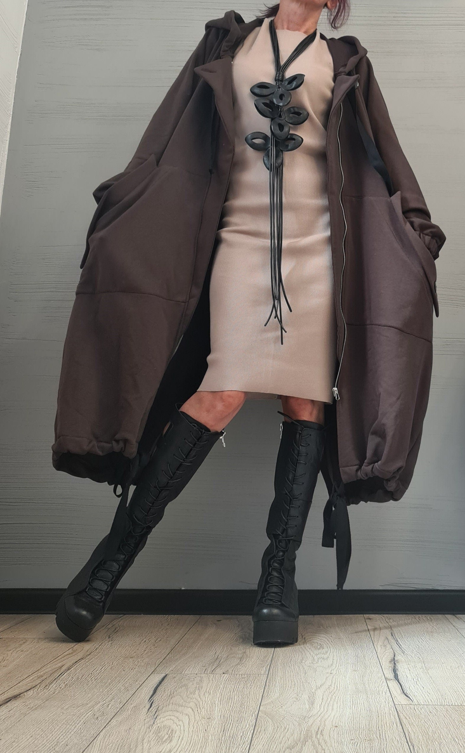 New collection Extravagant Hooded Cotton Sweatshirt, , Brown Long Sweatshirt , Asymmetrical Sweatshirt, Women Sexy Sweatshirt