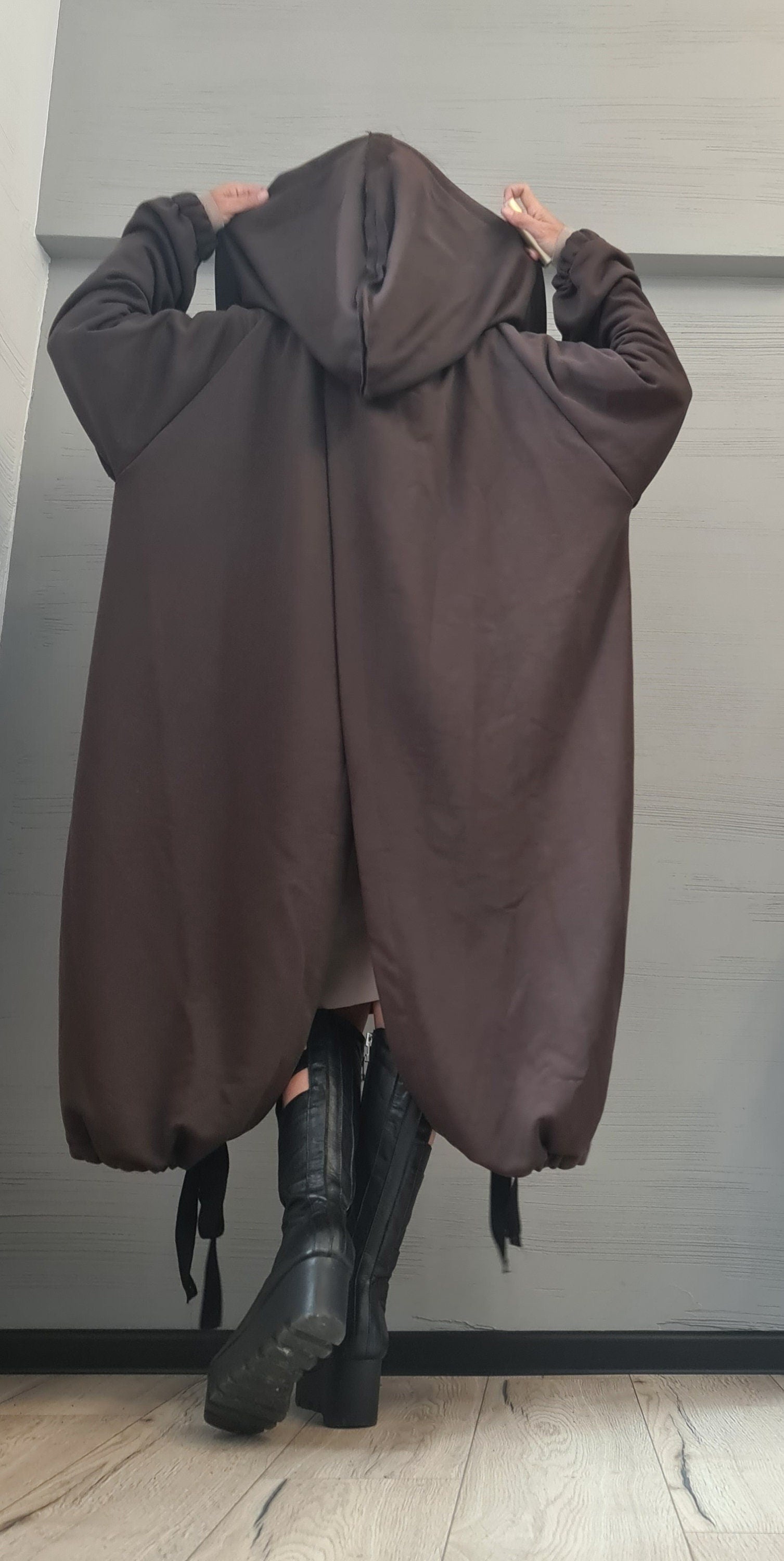 New collection Extravagant Hooded Cotton Sweatshirt, , Brown Long Sweatshirt , Asymmetrical Sweatshirt, Women Sexy Sweatshirt