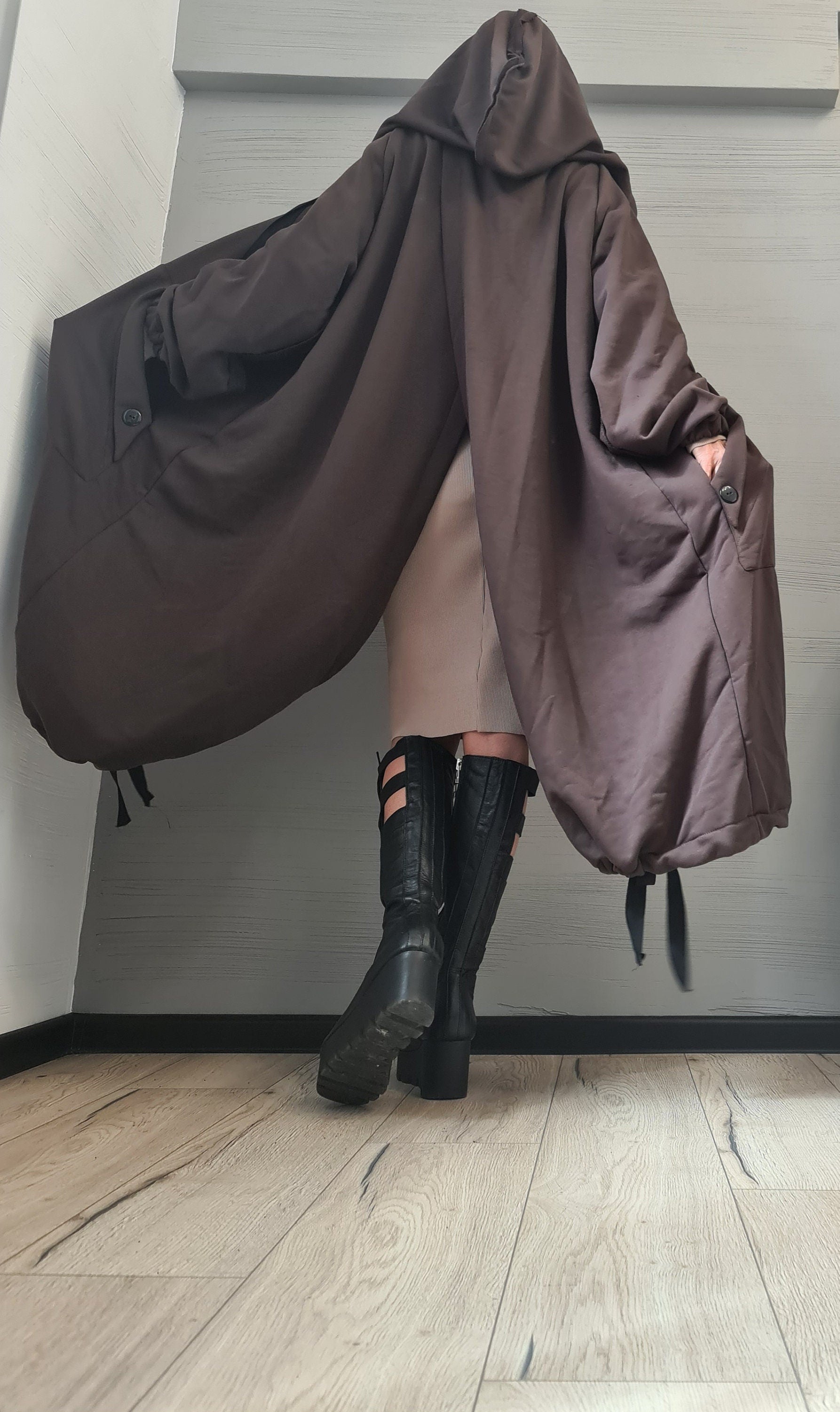 New collection Extravagant Hooded Cotton Sweatshirt, , Brown Long Sweatshirt , Asymmetrical Sweatshirt, Women Sexy Sweatshirt