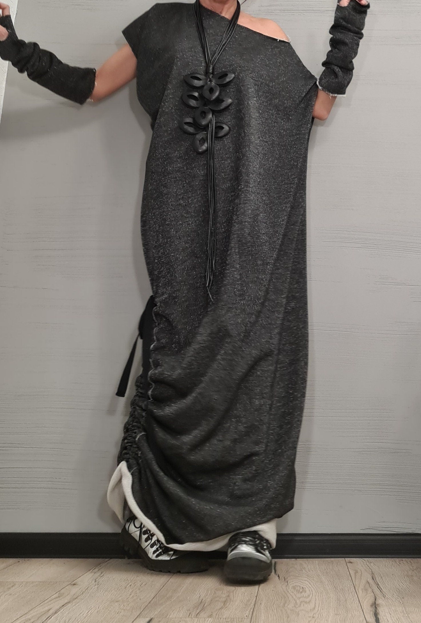 Black Silver Shiny Extravagant Long Dress, Loose Maxi Dress Tunic, Oversize Dress, Separate sleeves, One Shoulder Dress, New collection