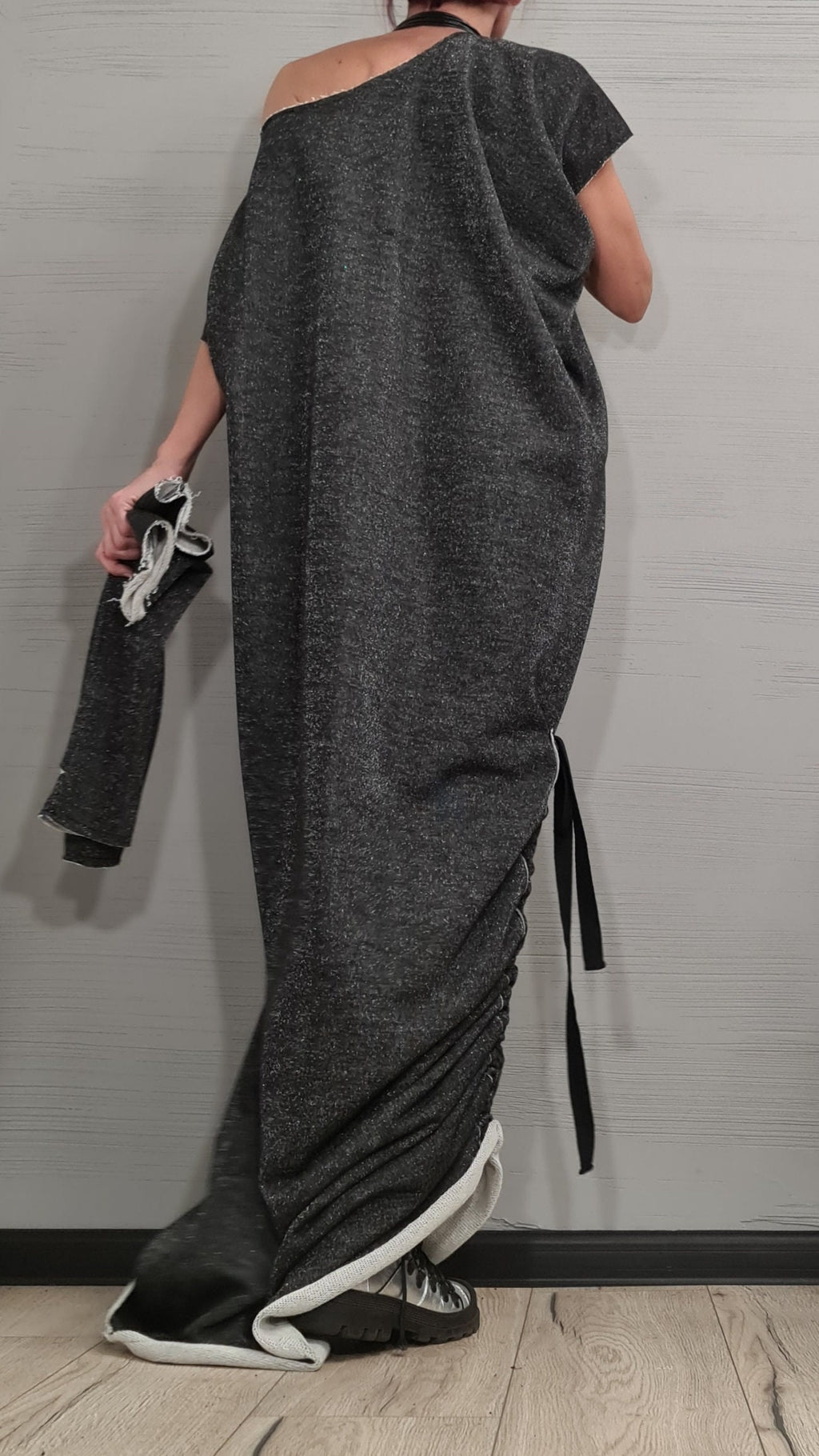 Black Silver Shiny Extravagant Long Dress, Loose Maxi Dress Tunic, Oversize Dress, Separate sleeves, One Shoulder Dress, New collection