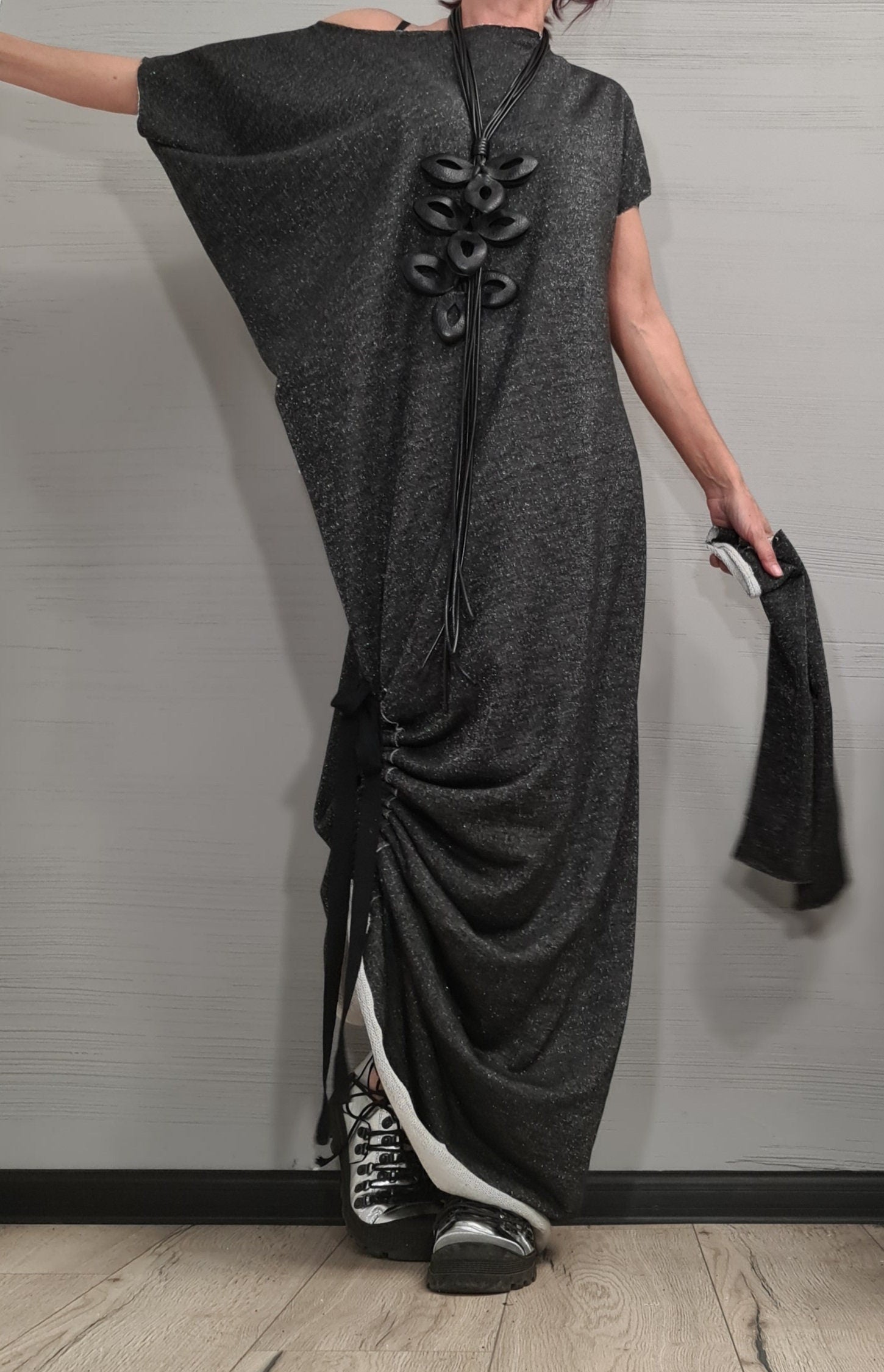 Black Silver Shiny Extravagant Long Dress, Loose Maxi Dress Tunic, Oversize Dress, Separate sleeves, One Shoulder Dress, New collection