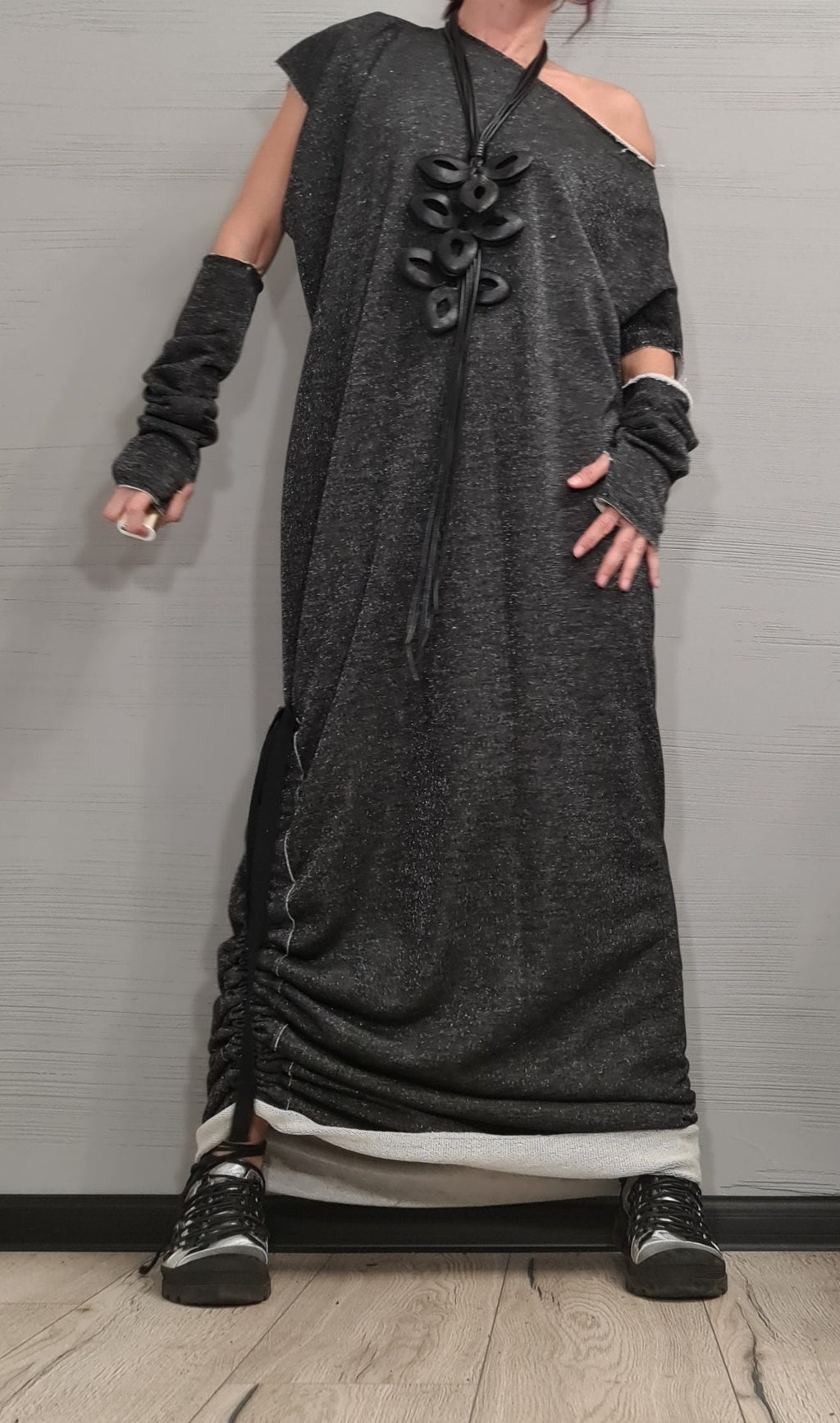 Black Silver Shiny Extravagant Long Dress, Loose Maxi Dress Tunic, Oversize Dress, Separate sleeves, One Shoulder Dress, New collection