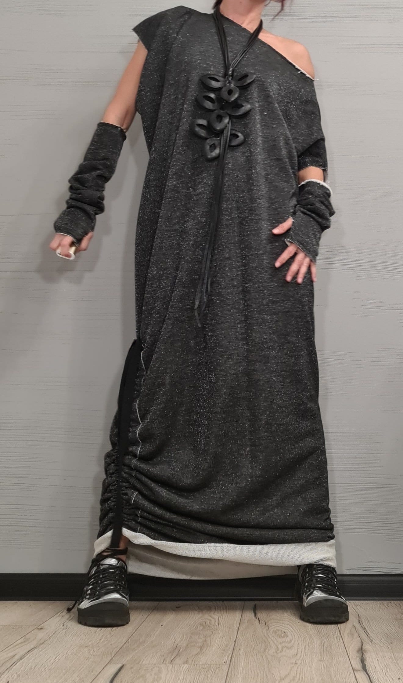 Black Silver Shiny Extravagant Long Dress, Loose Maxi Dress Tunic, Oversize Dress, Separate sleeves, One Shoulder Dress, New collection