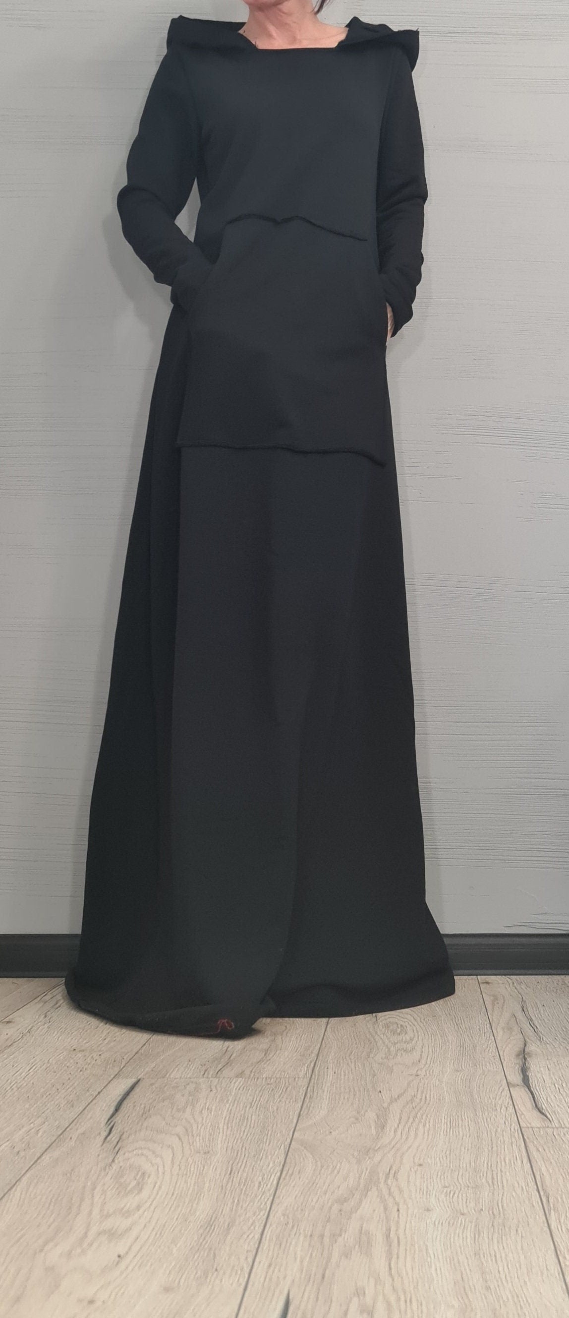 Long Hooded Dress, Black Dress, Plus Size Clothing, Cotton Dress, Extravagant Dress, Long Sleeve Dress, New collection
