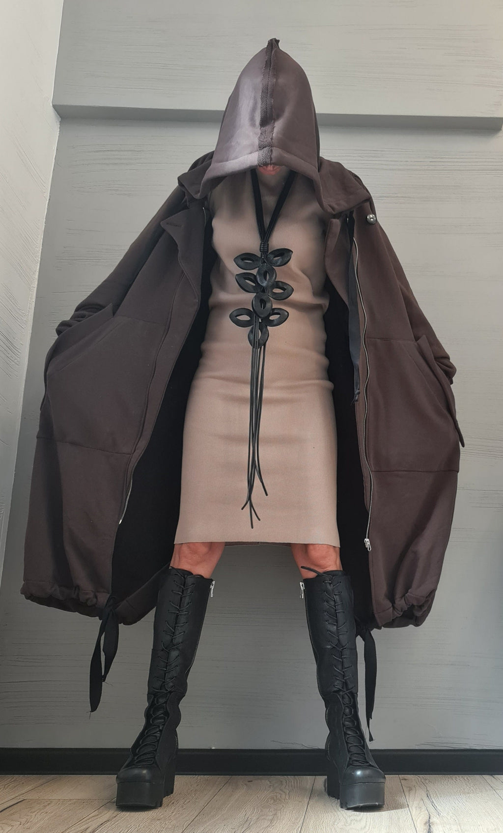 New collection Extravagant Hooded Cotton Sweatshirt, , Brown Long Sweatshirt , Asymmetrical Sweatshirt, Women Sexy Sweatshirt