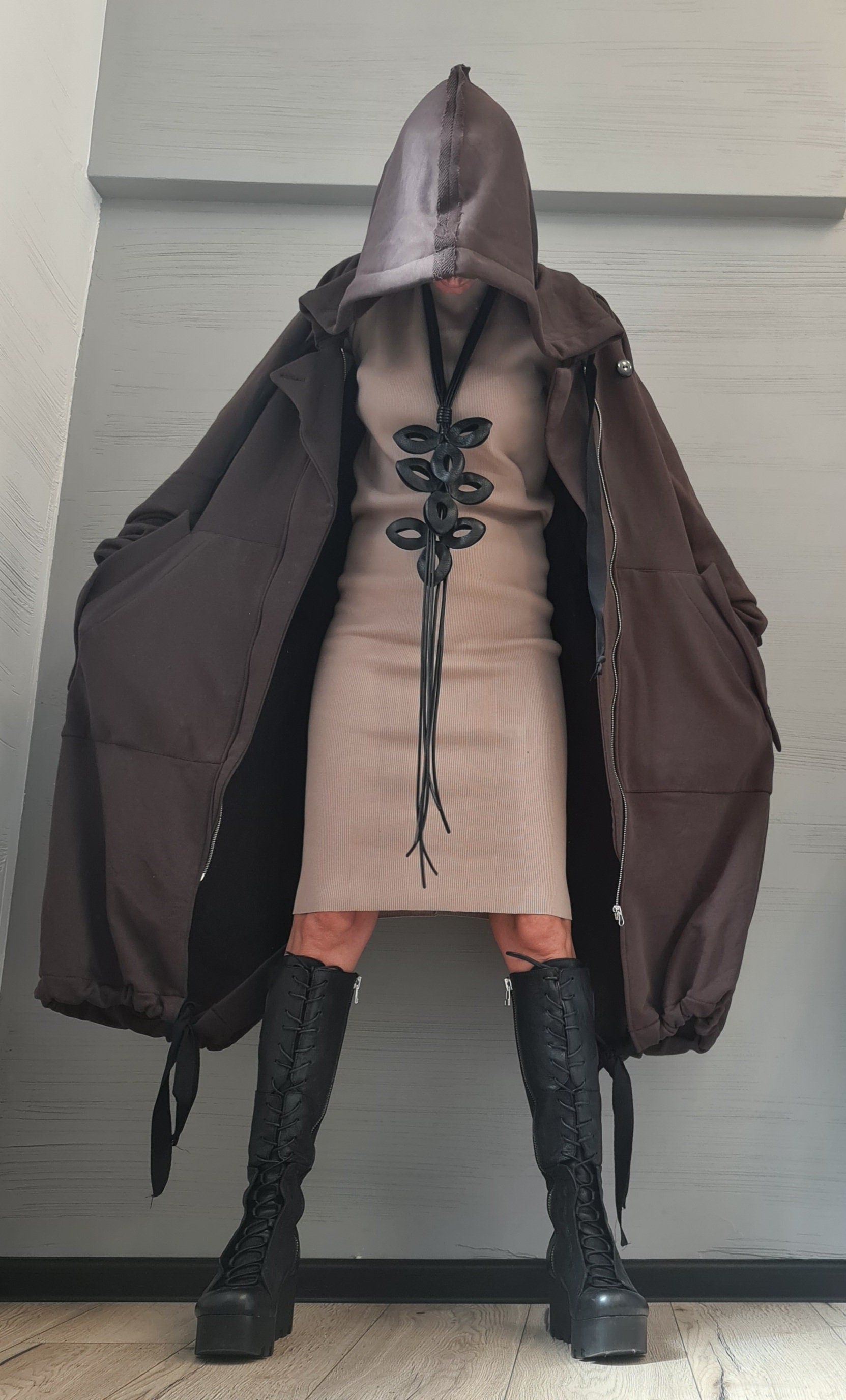 New collection Extravagant Hooded Cotton Sweatshirt, , Brown Long Sweatshirt , Asymmetrical Sweatshirt, Women Sexy Sweatshirt