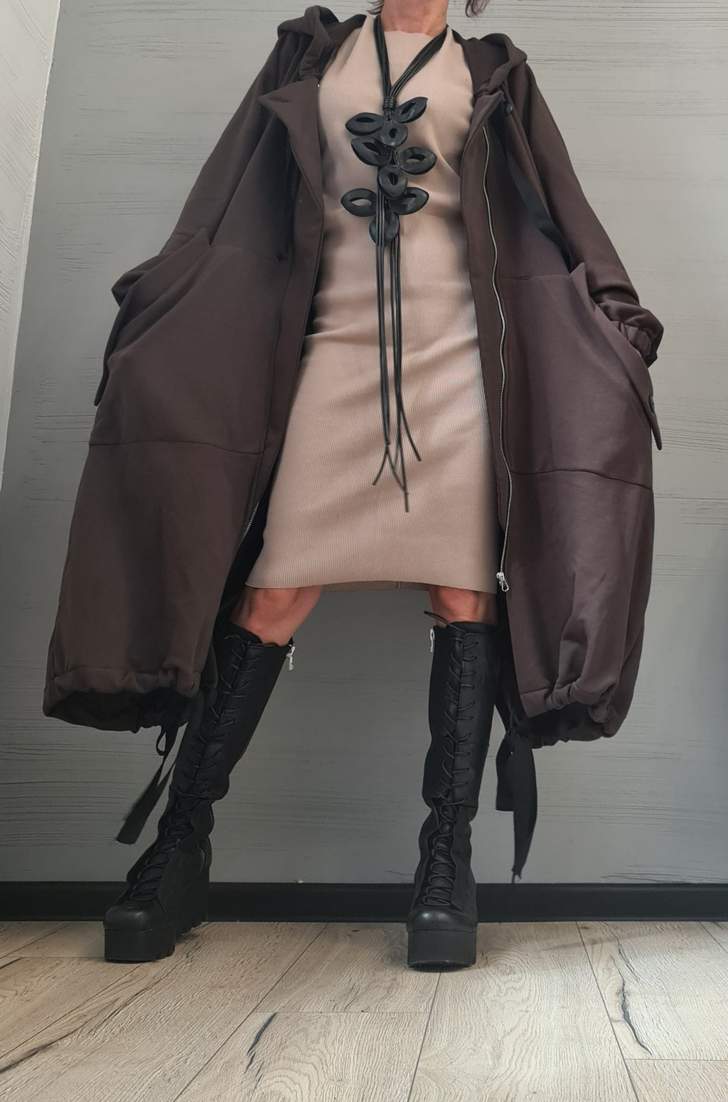 New collection Extravagant Hooded Cotton Sweatshirt, , Brown Long Sweatshirt , Asymmetrical Sweatshirt, Women Sexy Sweatshirt