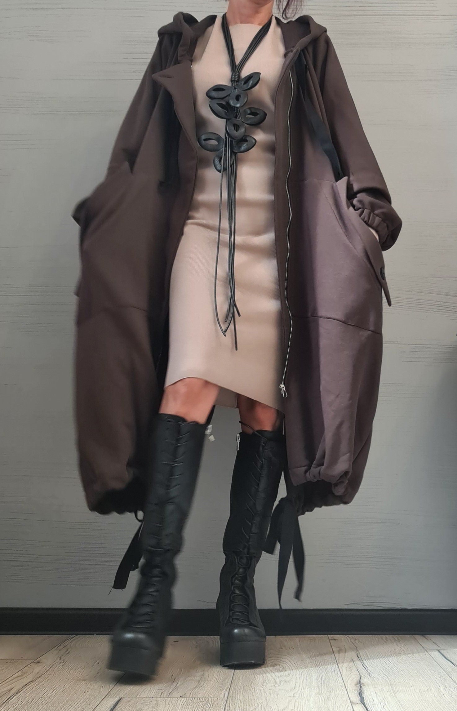 New collection Extravagant Hooded Cotton Sweatshirt, , Brown Long Sweatshirt , Asymmetrical Sweatshirt, Women Sexy Sweatshirt