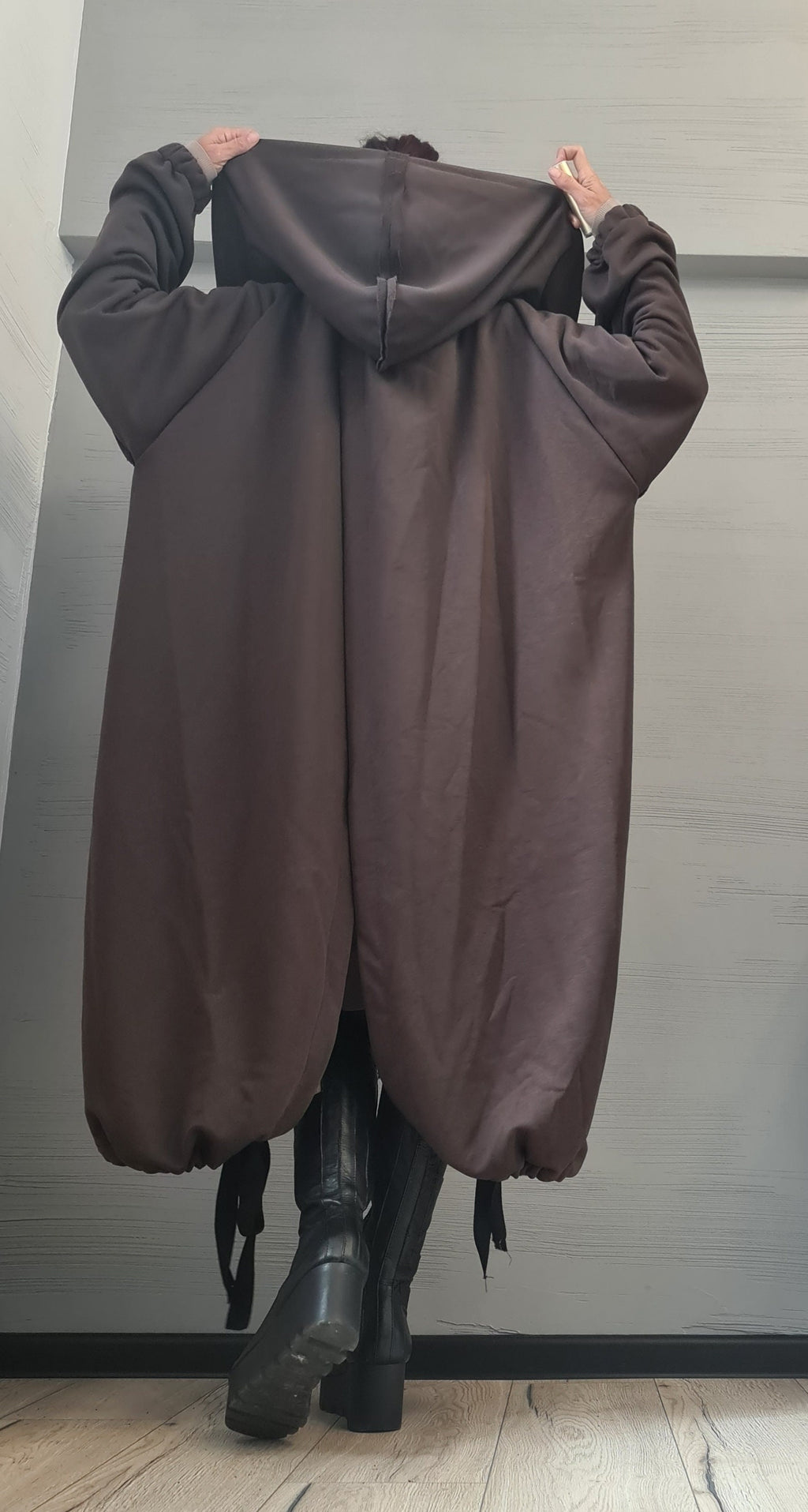 New collection Extravagant Hooded Cotton Sweatshirt, , Brown Long Sweatshirt , Asymmetrical Sweatshirt, Women Sexy Sweatshirt