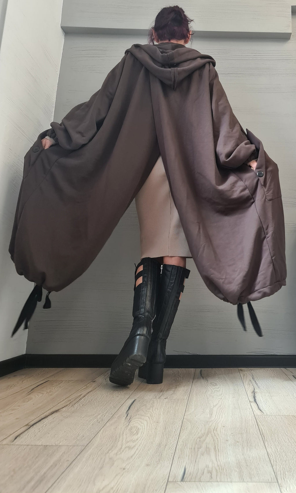 New collection Extravagant Hooded Cotton Sweatshirt, , Brown Long Sweatshirt , Asymmetrical Sweatshirt, Women Sexy Sweatshirt