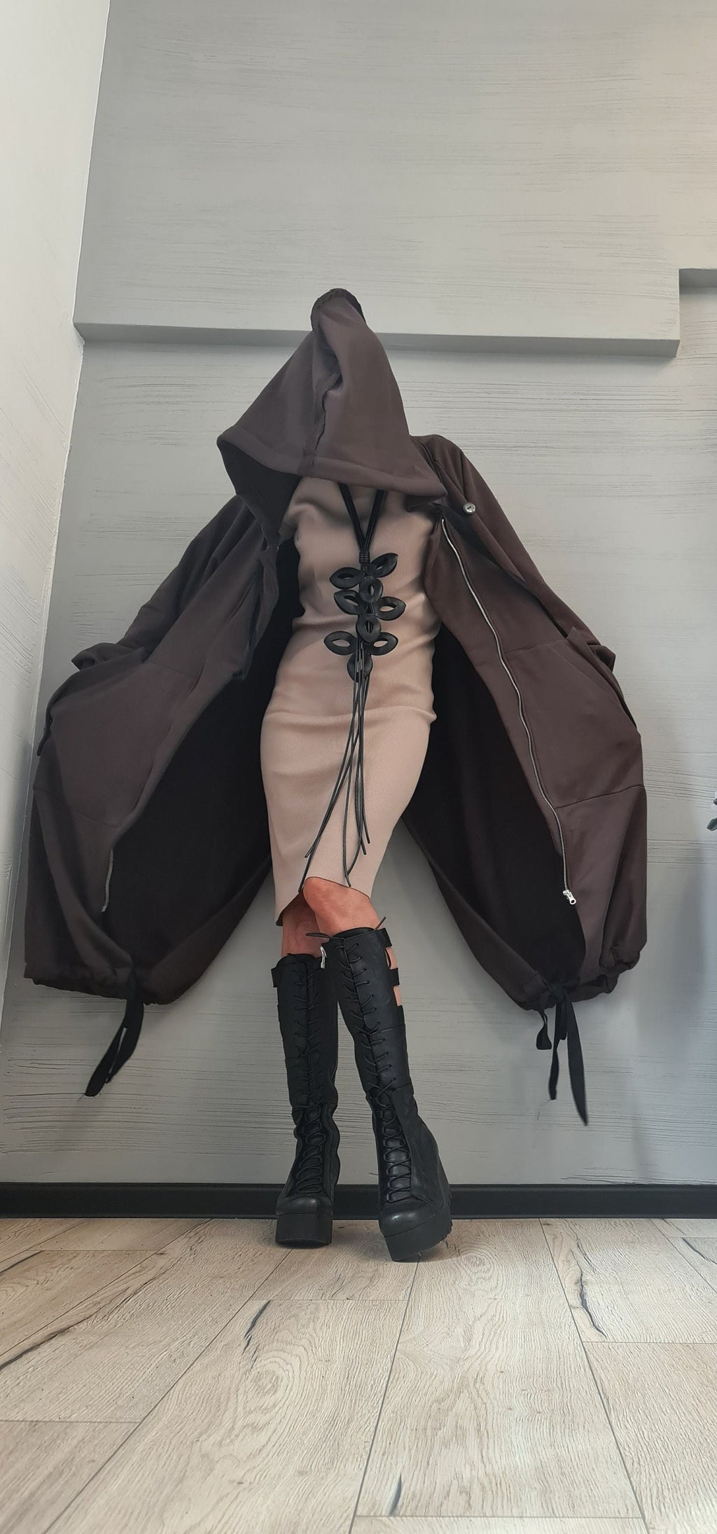 New collection Extravagant Hooded Cotton Sweatshirt, , Brown Long Sweatshirt , Asymmetrical Sweatshirt, Women Sexy Sweatshirt