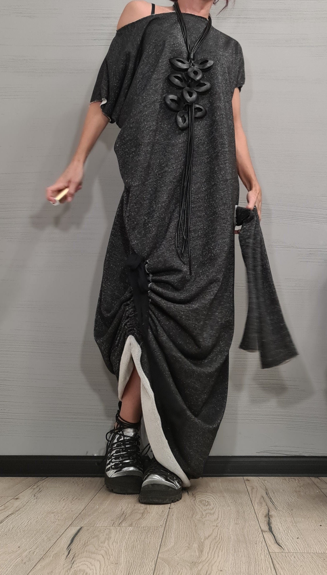 Black Silver Shiny Extravagant Long Dress, Loose Maxi Dress Tunic, Oversize Dress, Separate sleeves, One Shoulder Dress, New collection