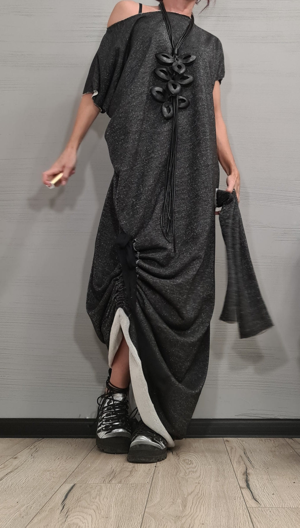 Black Silver Shiny Extravagant Long Dress, Loose Maxi Dress Tunic, Oversize Dress, Separate sleeves, One Shoulder Dress, New collection