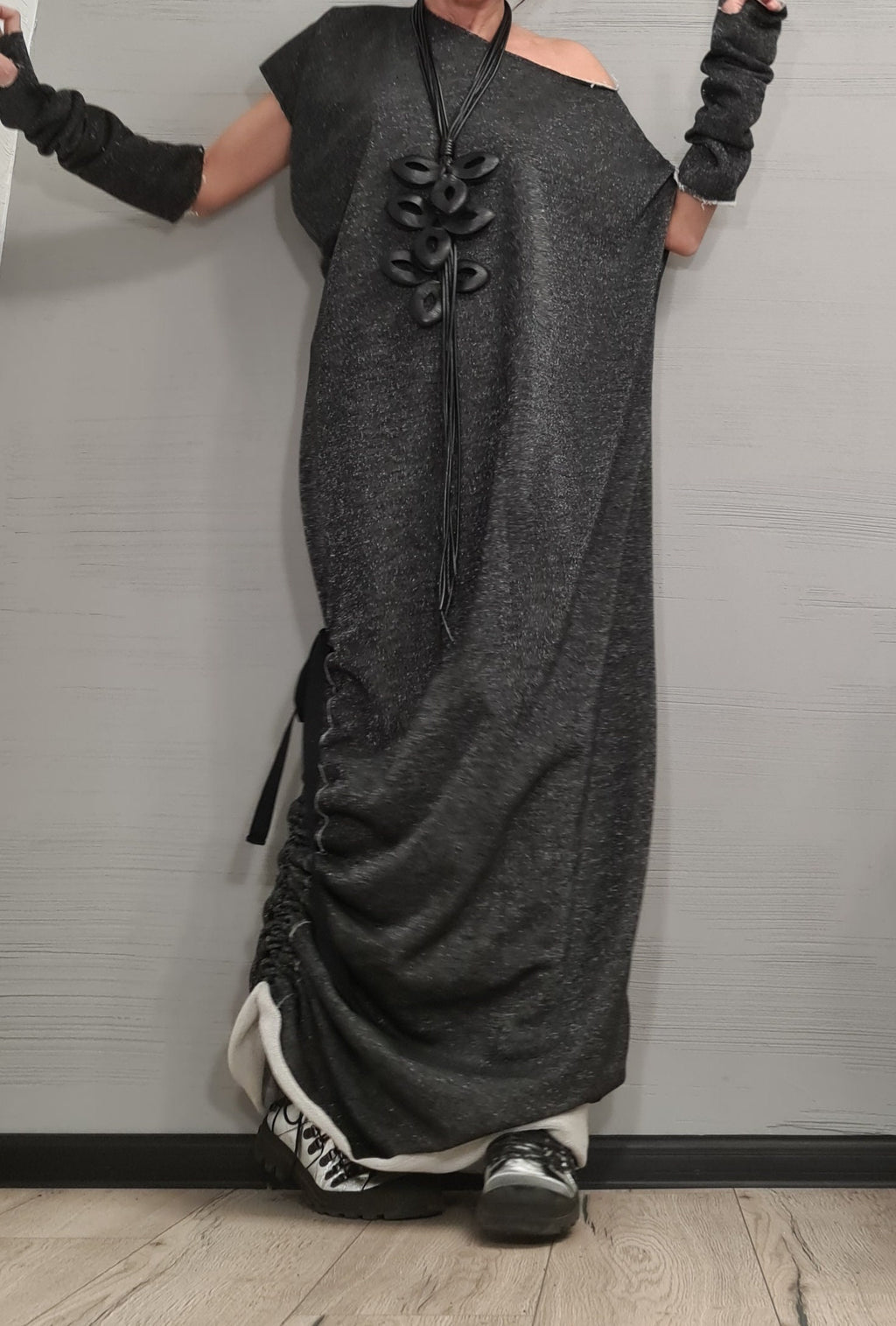 Black Silver Shiny Extravagant Long Dress, Loose Maxi Dress Tunic, Oversize Dress, Separate sleeves, One Shoulder Dress, New collection