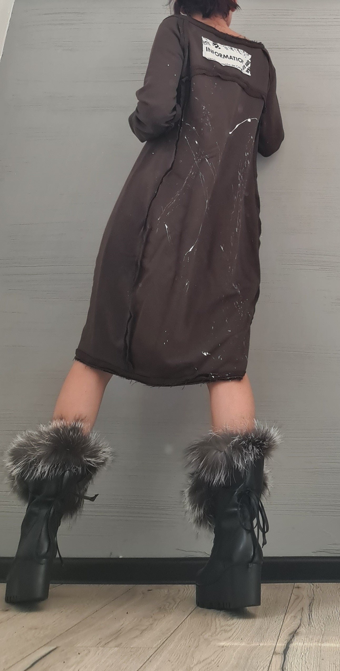 Brown Extravagant Dress, Asymmetric Dress, Plus Size Clothing, Brown Cotton Dress, One Shoulder Dress, Bubble Dress, Pockets