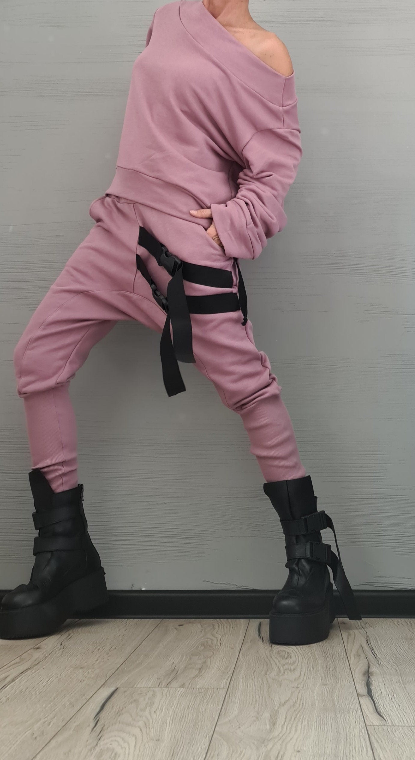 New collection Ash roses Set, Extravagant Women Set, Casual Cotton Sport Set, Harem Pants, Asymmetric blouse, short long sleeves