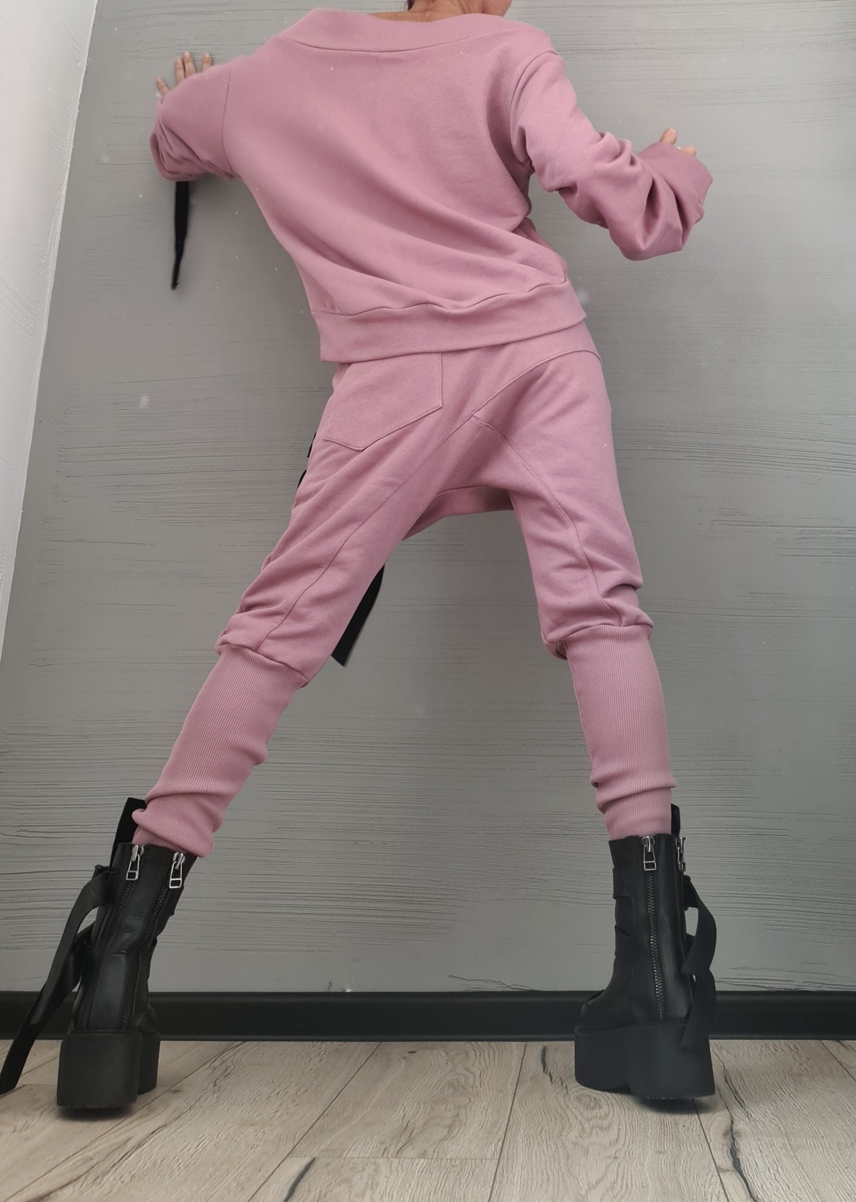 New collection Ash roses Set, Extravagant Women Set, Casual Cotton Sport Set, Harem Pants, Asymmetric blouse, short long sleeves