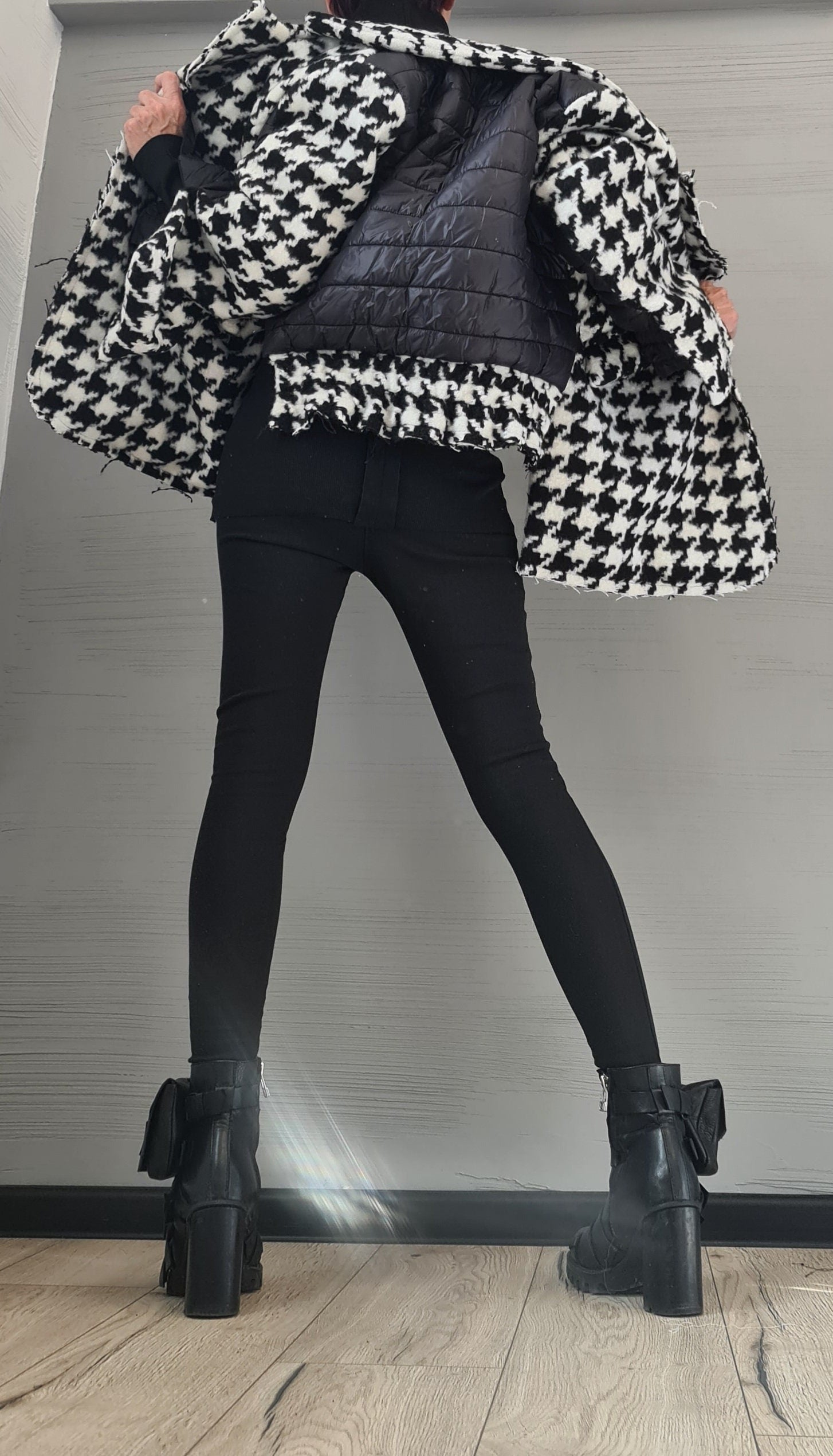 Extravagant Deconstructed Coat, Black and white pepita print, Wool Coat, Winter Coat, Plus Size Clothing, Oversize Coat,  Wool Warm Coat