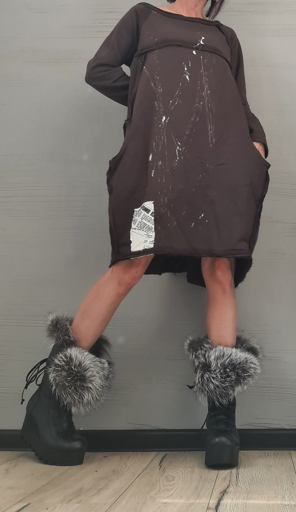 Brown Extravagant Dress, Asymmetric Dress, Plus Size Clothing, Brown Cotton Dress, One Shoulder Dress, Bubble Dress, Pockets