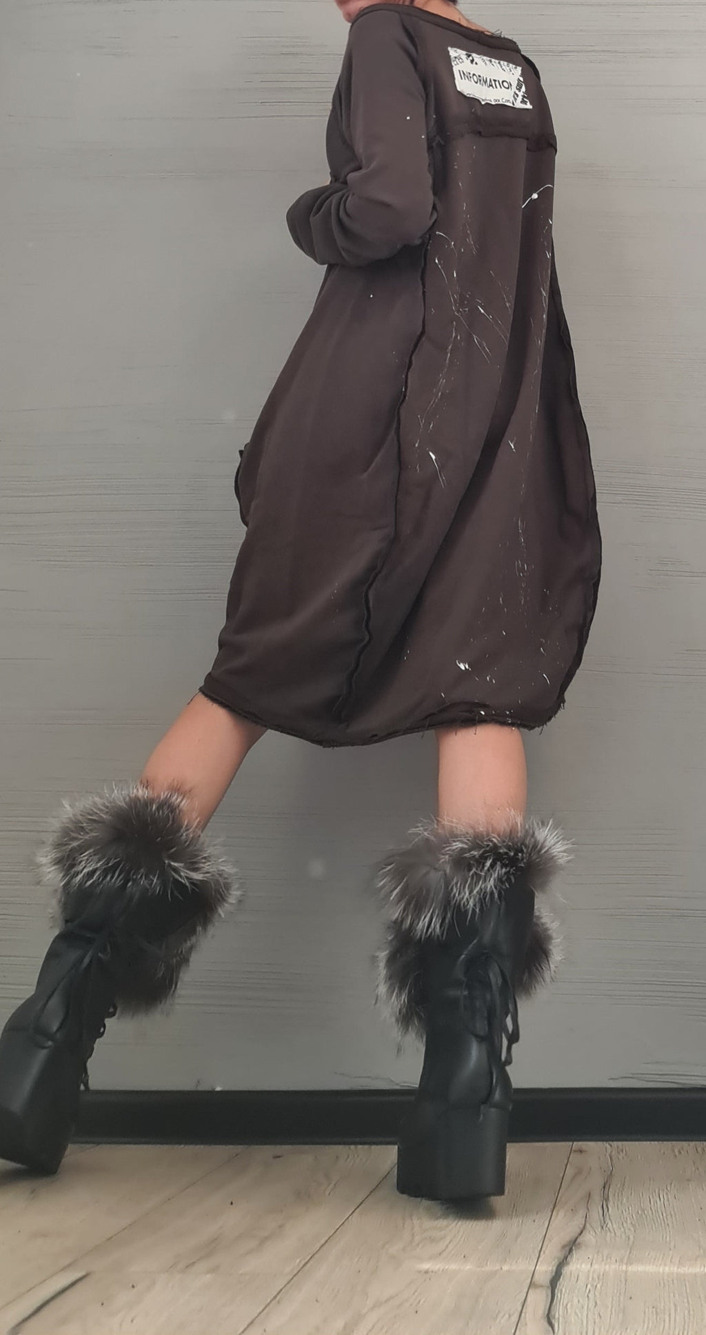 Brown Extravagant Dress, Asymmetric Dress, Plus Size Clothing, Brown Cotton Dress, One Shoulder Dress, Bubble Dress, Pockets