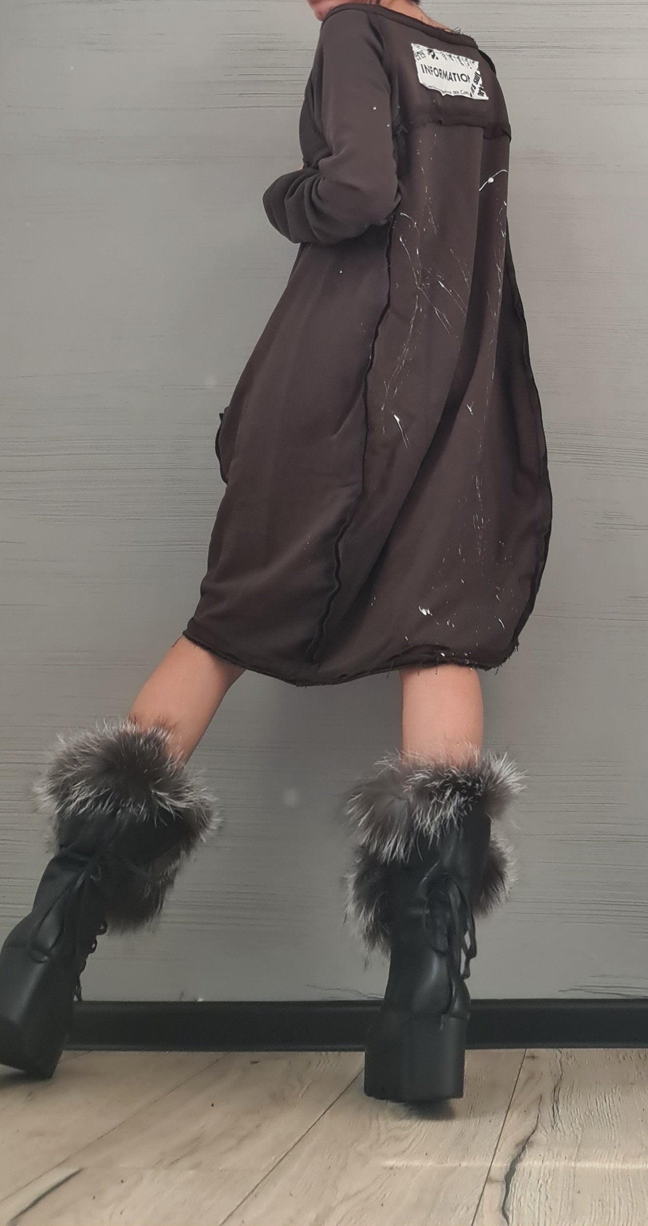 Brown Extravagant Dress, Asymmetric Dress, Plus Size Clothing, Brown Cotton Dress, One Shoulder Dress, Bubble Dress, Pockets