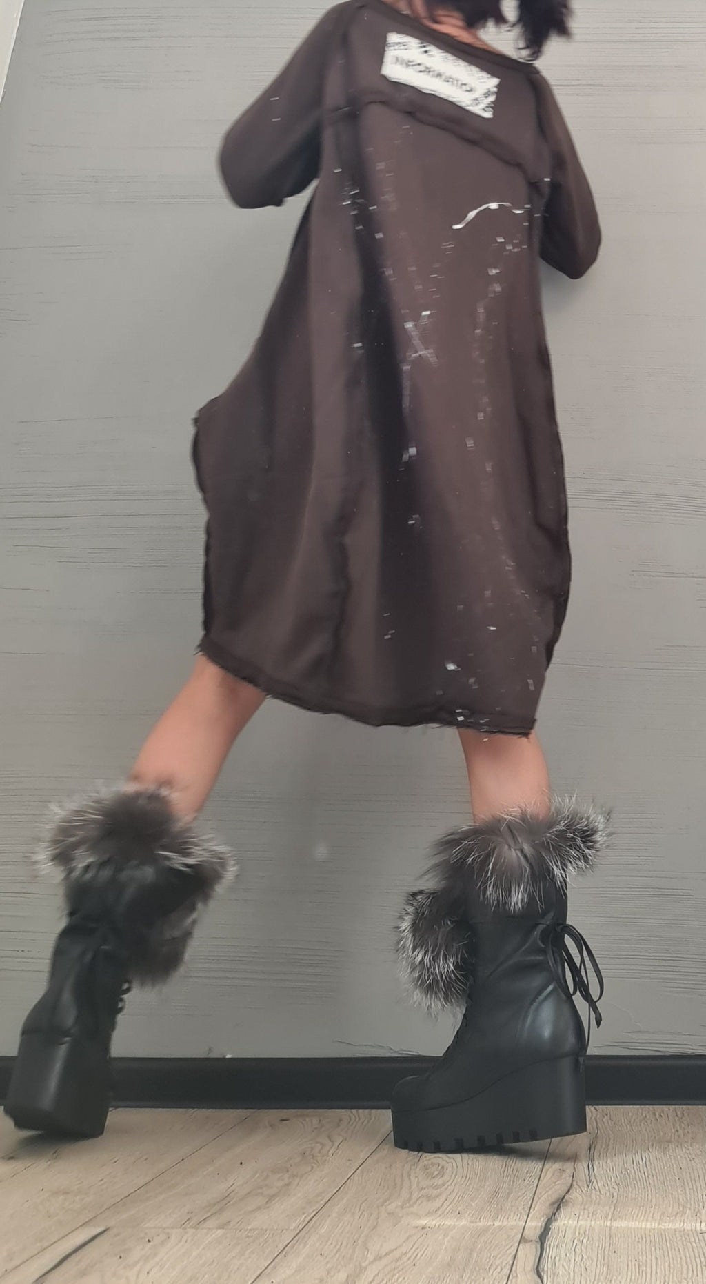 Brown Extravagant Dress, Asymmetric Dress, Plus Size Clothing, Brown Cotton Dress, One Shoulder Dress, Bubble Dress, Pockets