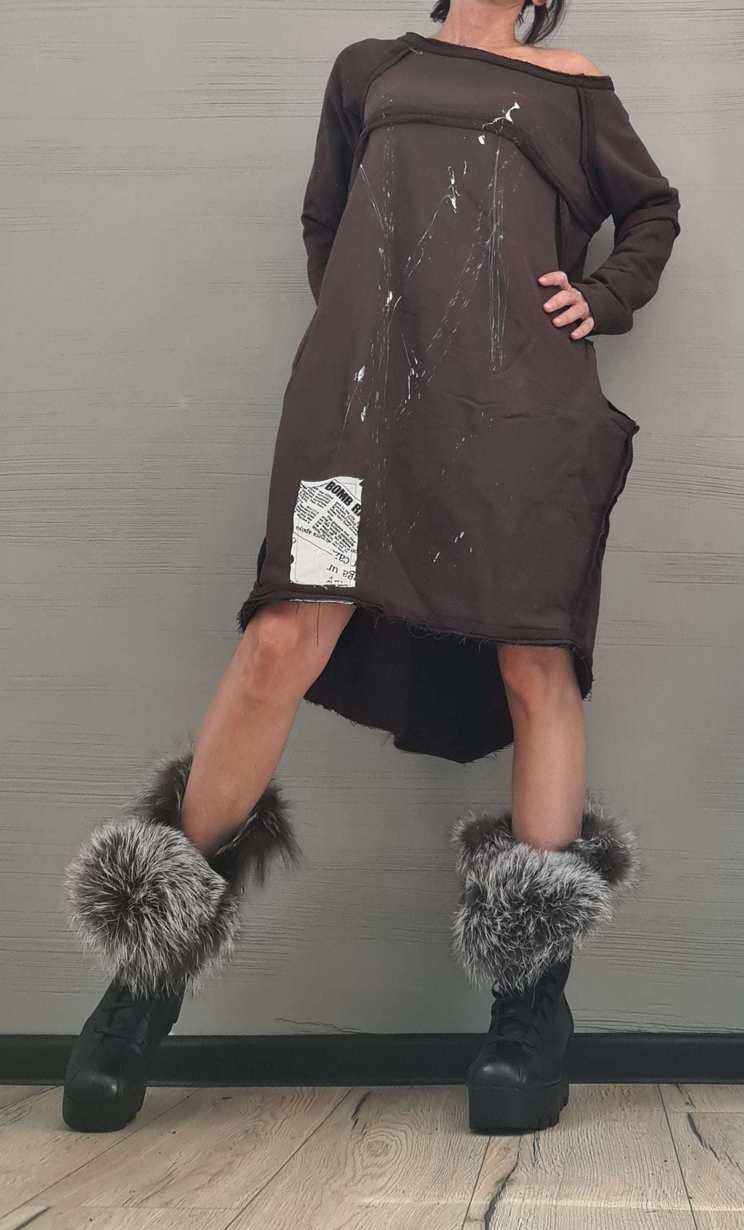 Brown Extravagant Dress, Asymmetric Dress, Plus Size Clothing, Brown Cotton Dress, One Shoulder Dress, Bubble Dress, Pockets