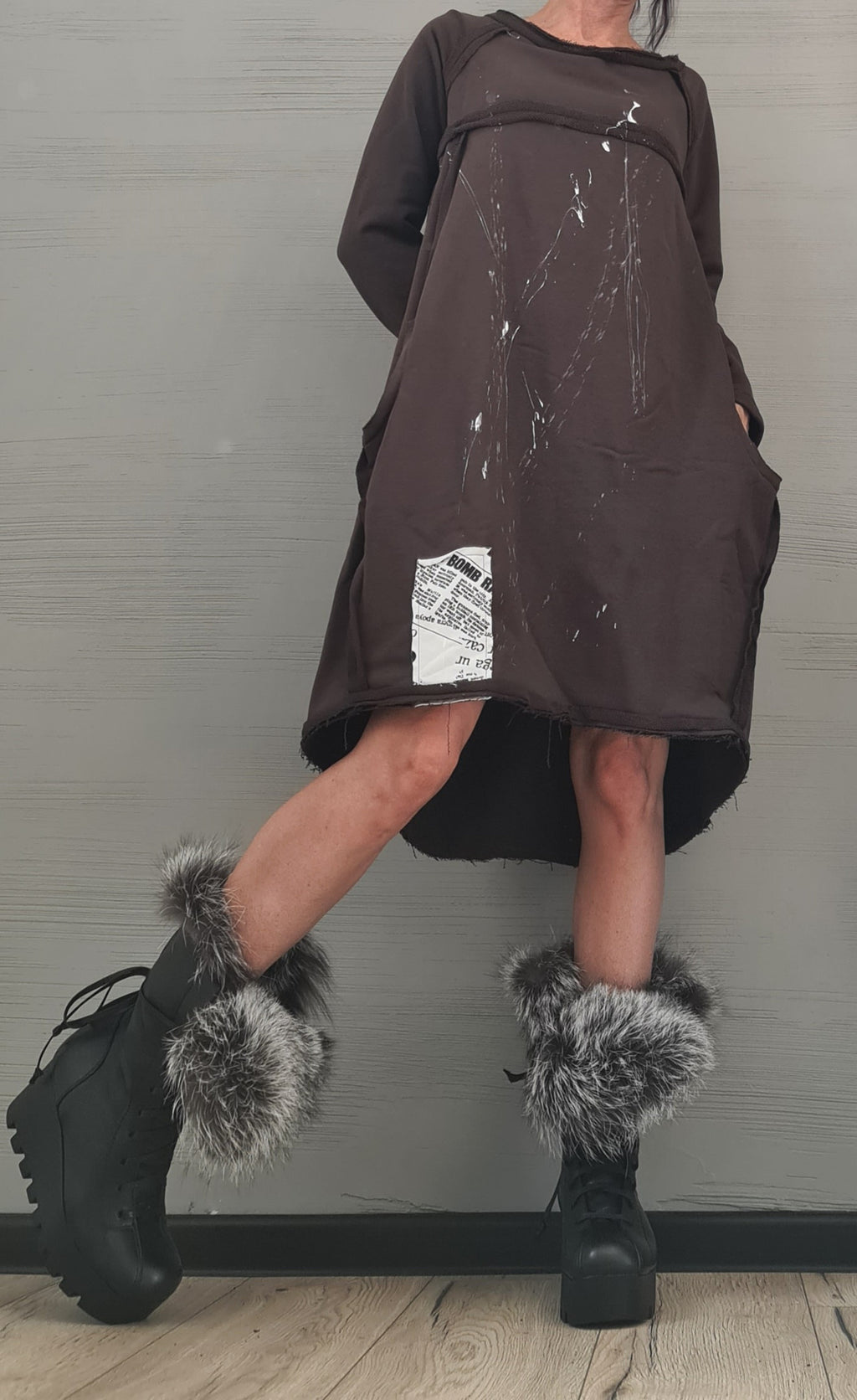 Brown Extravagant Dress, Asymmetric Dress, Plus Size Clothing, Brown Cotton Dress, One Shoulder Dress, Bubble Dress, Pockets