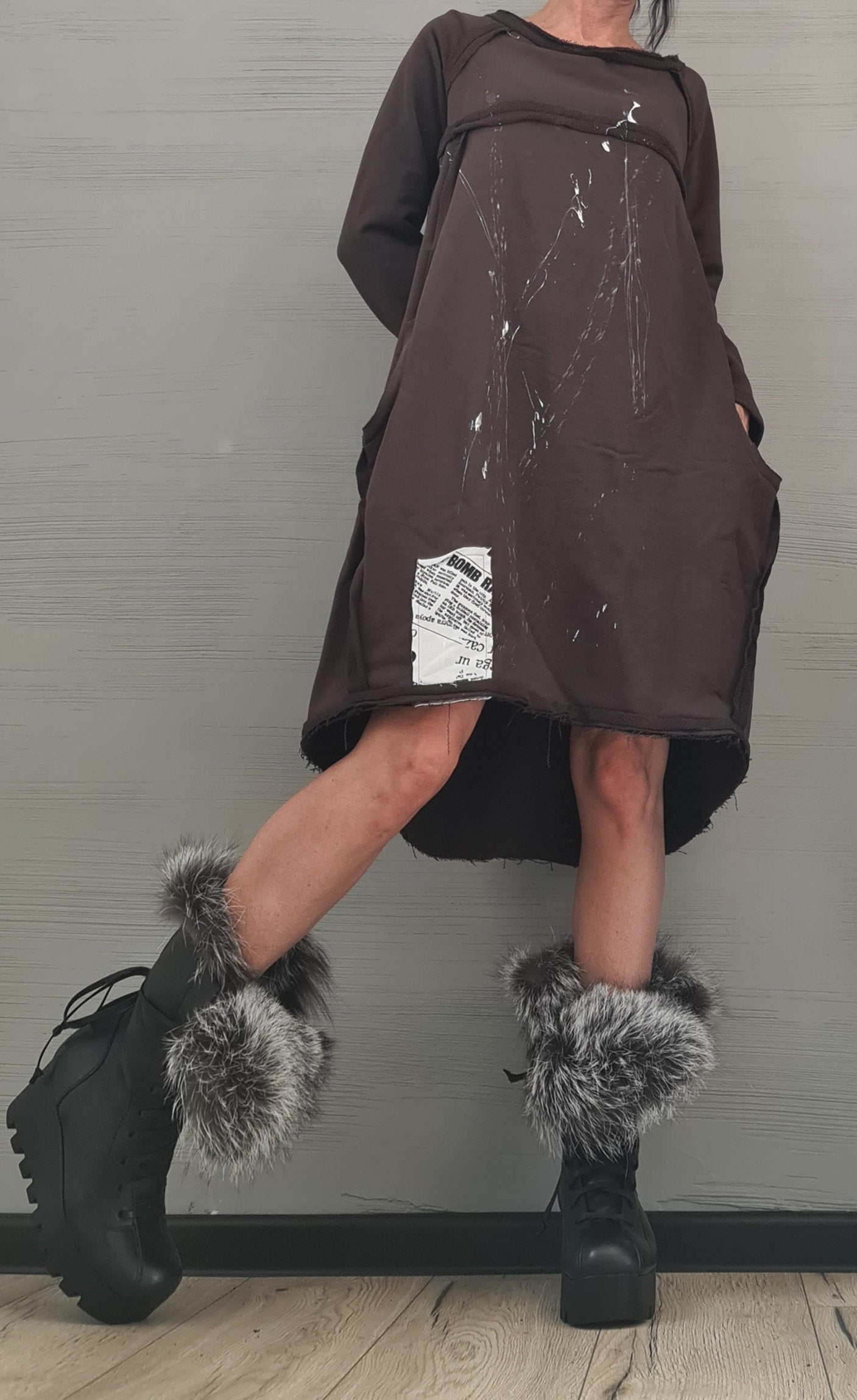 Brown Extravagant Dress, Asymmetric Dress, Plus Size Clothing, Brown Cotton Dress, One Shoulder Dress, Bubble Dress, Pockets