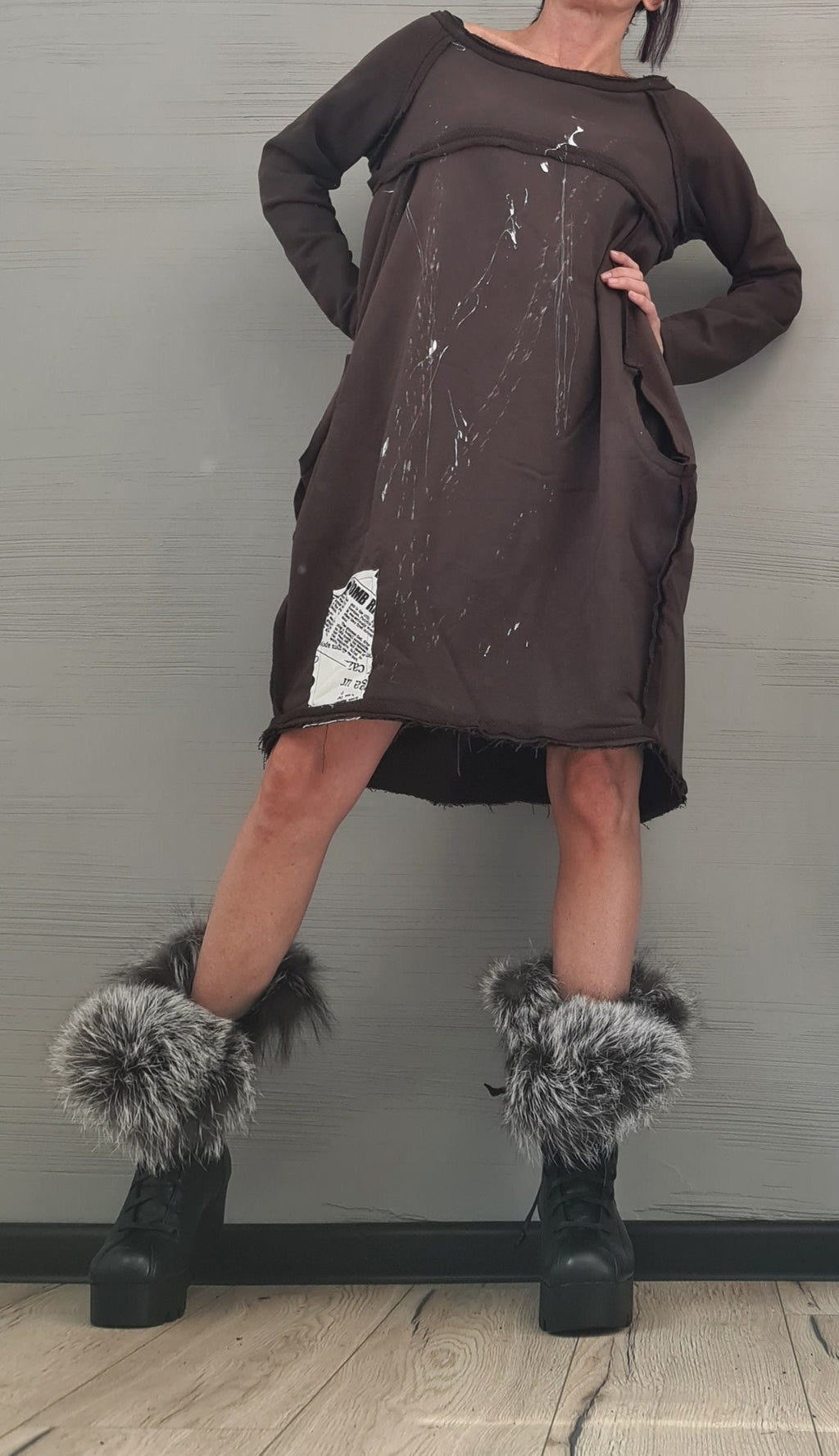 Brown Extravagant Dress, Asymmetric Dress, Plus Size Clothing, Brown Cotton Dress, One Shoulder Dress, Bubble Dress, Pockets