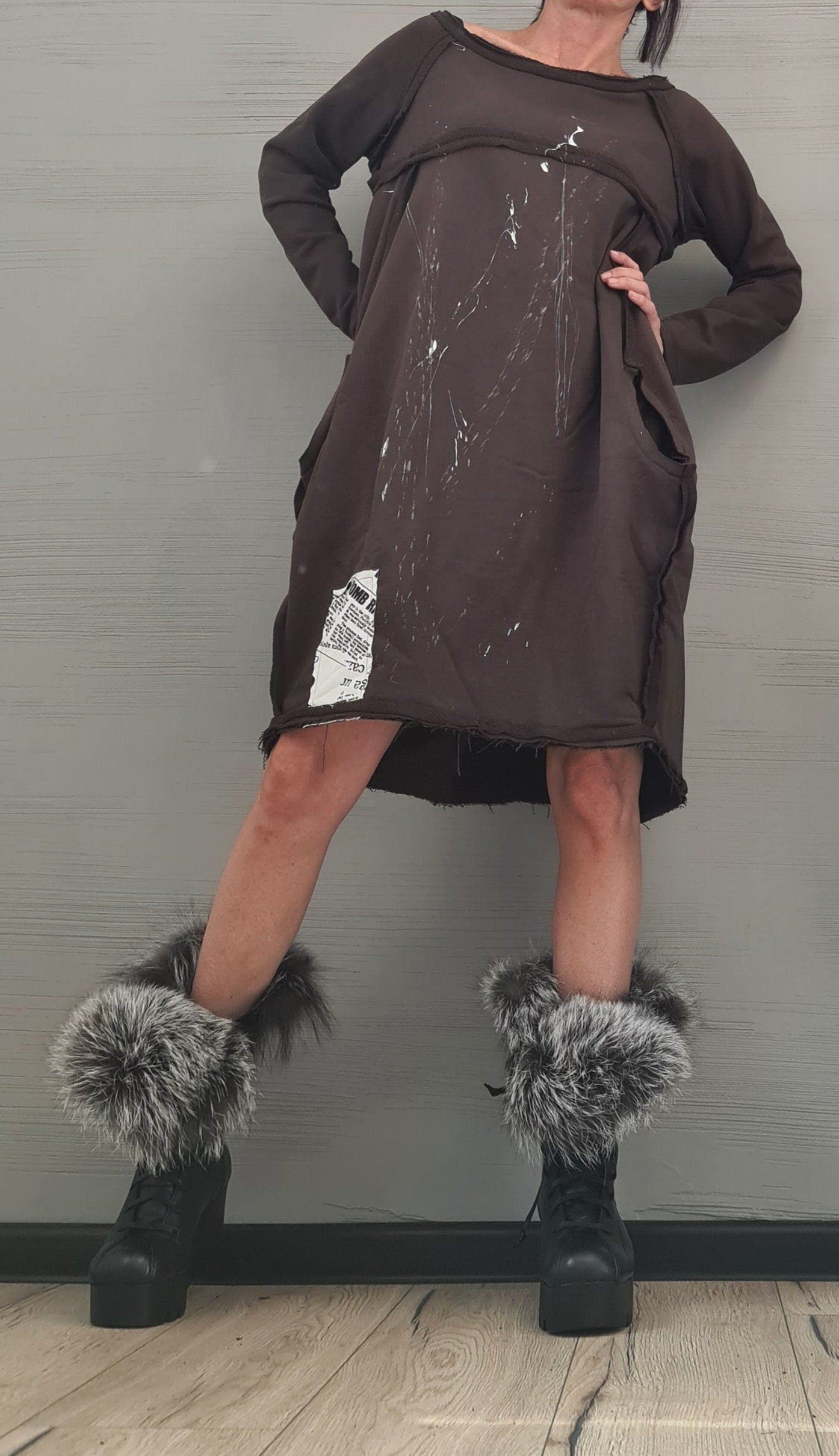 Brown Extravagant Dress, Asymmetric Dress, Plus Size Clothing, Brown Cotton Dress, One Shoulder Dress, Bubble Dress, Pockets