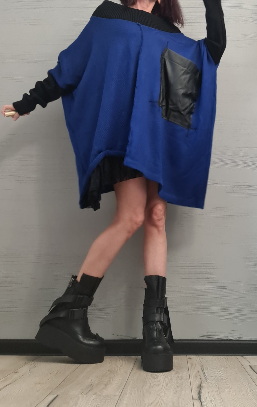 Asymmetrical Blue Tunic, Avant Garde Tunic, Knitted Tunic, Deconstructed Top, Gothic tunic, Loose Long Sleeve Top,New collection