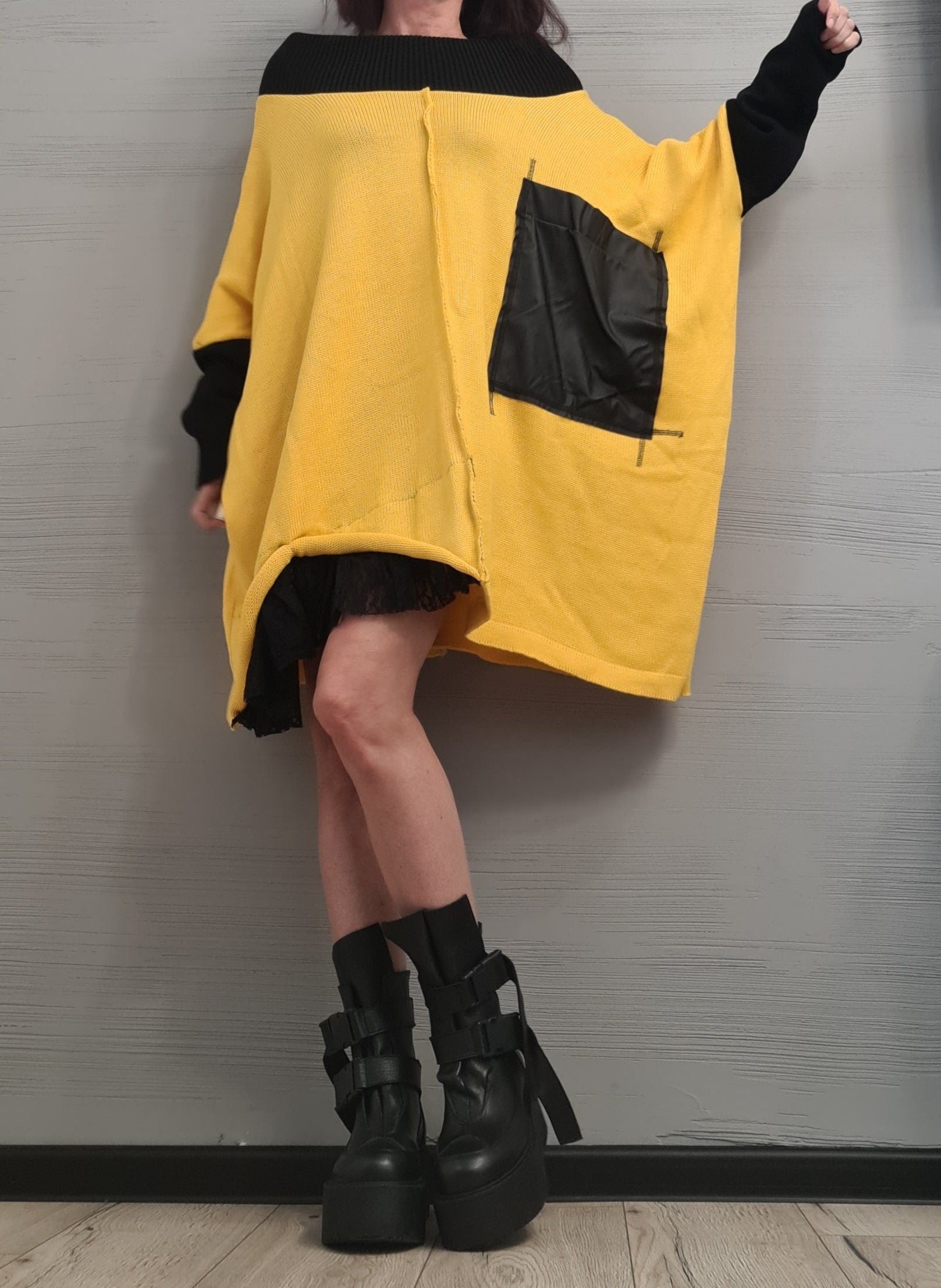 Asymmetrical Yellow Tunic, Avant Garde Tunic, Knitted Tunic, Deconstructed Top, Gothic tunic, Loose Long Sleeve Top,New collection