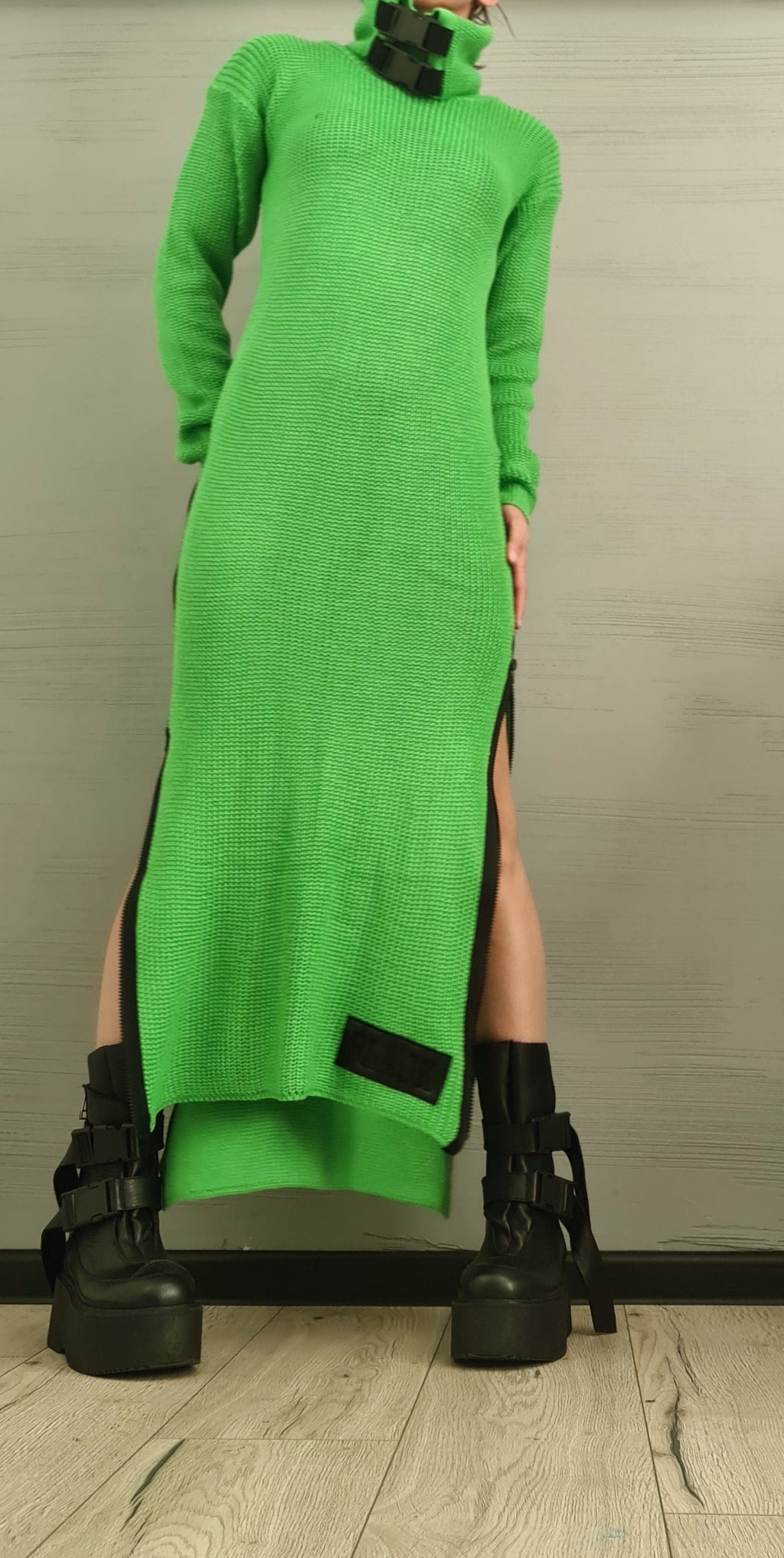 Extravagant Knitted  Dress Tunic, Asymmetric Dress, Long DressTunic , Sexy Dress, Long Sleeve, New collection Green Lime