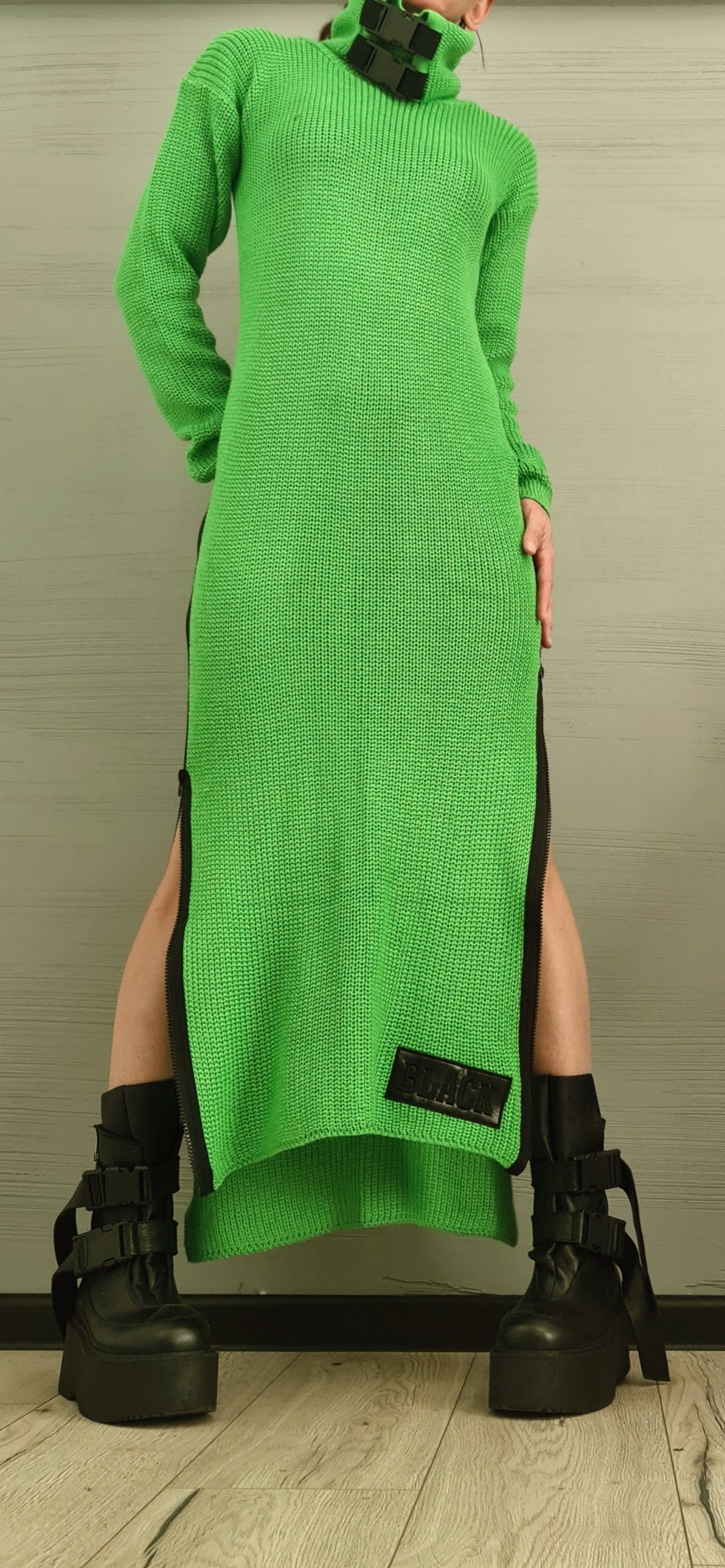 Extravagant Knitted  Dress Tunic, Asymmetric Dress, Long DressTunic , Sexy Dress, Long Sleeve, New collection Green Lime