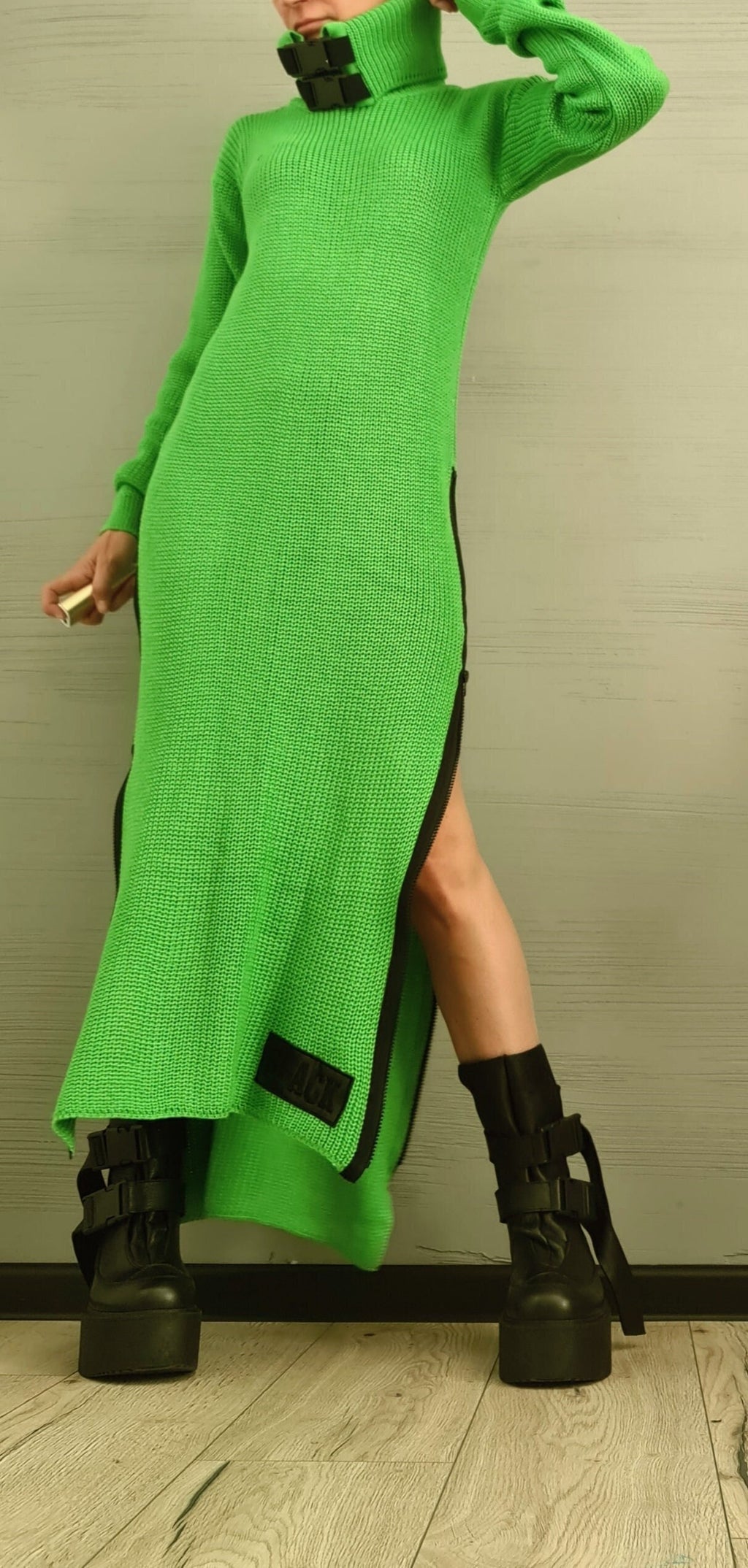 Extravagant Knitted  Dress Tunic, Asymmetric Dress, Long DressTunic , Sexy Dress, Long Sleeve, New collection Green Lime