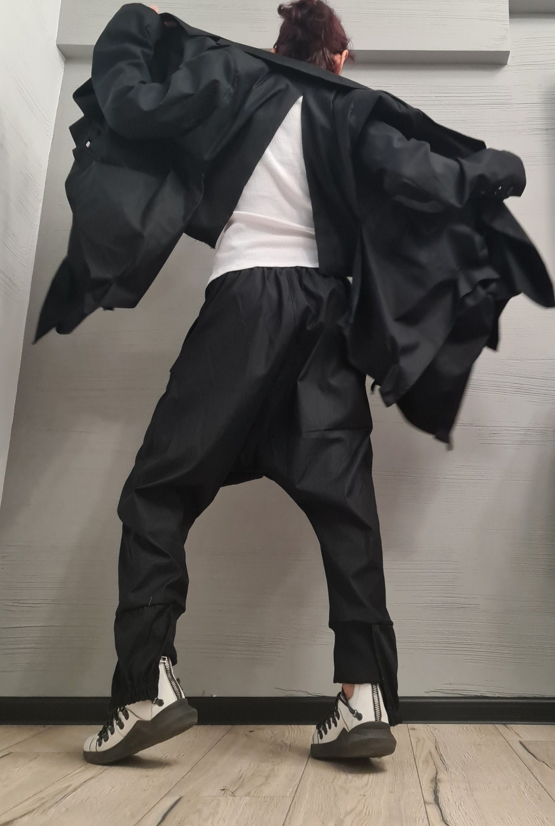 New collection Extravagant Set Jacket and Pants, Linen Women Set, Sexy Open Back Jacket, Harem Pants, Asymmetric Women set, Avant Garde