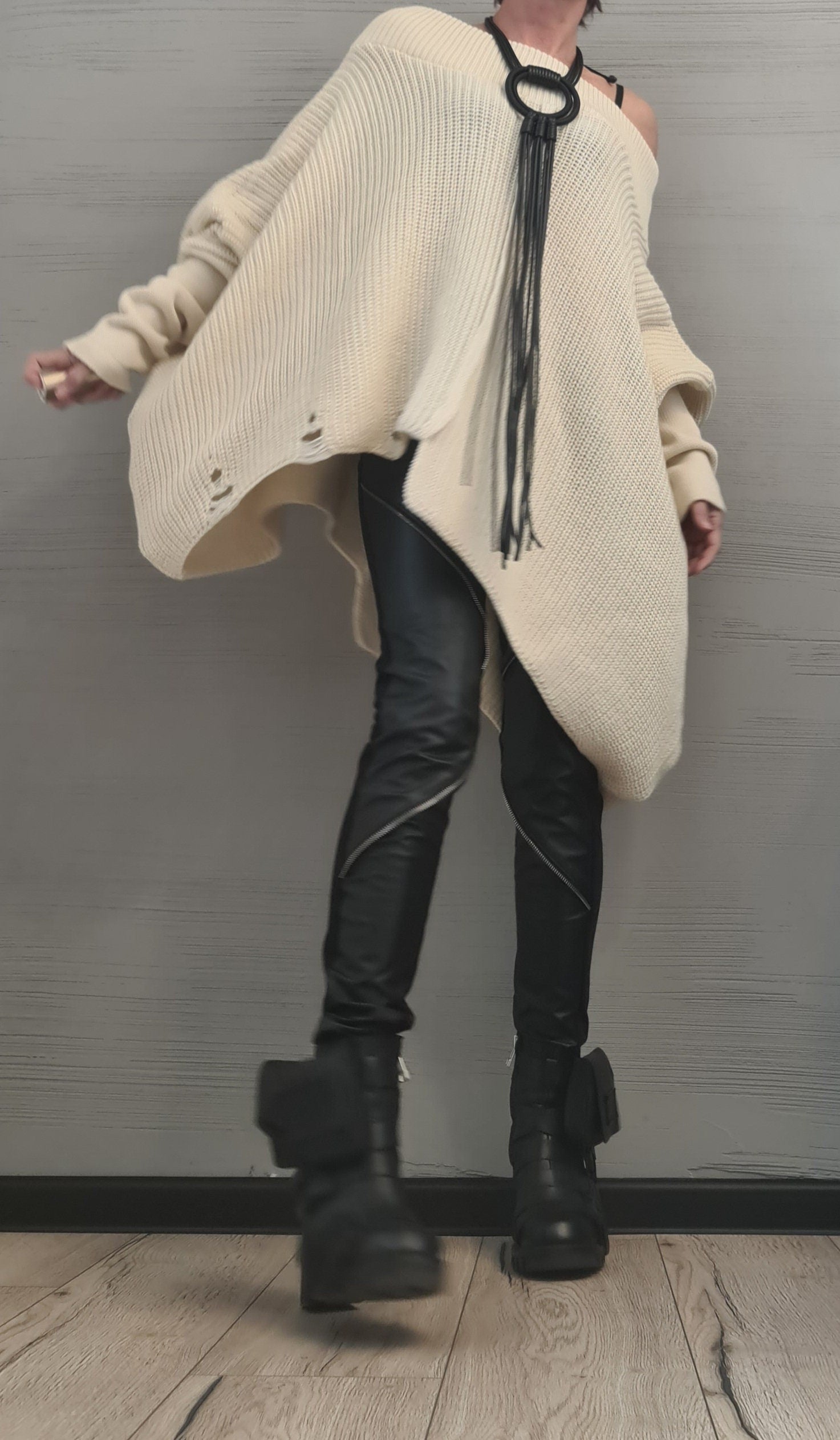 Asymmetrical Beige Tunic, Avant Garde Tunic, Knitted Tunic, Deconstructed Top, Gothic tunic, Loose Long Sleeve Top,New collection