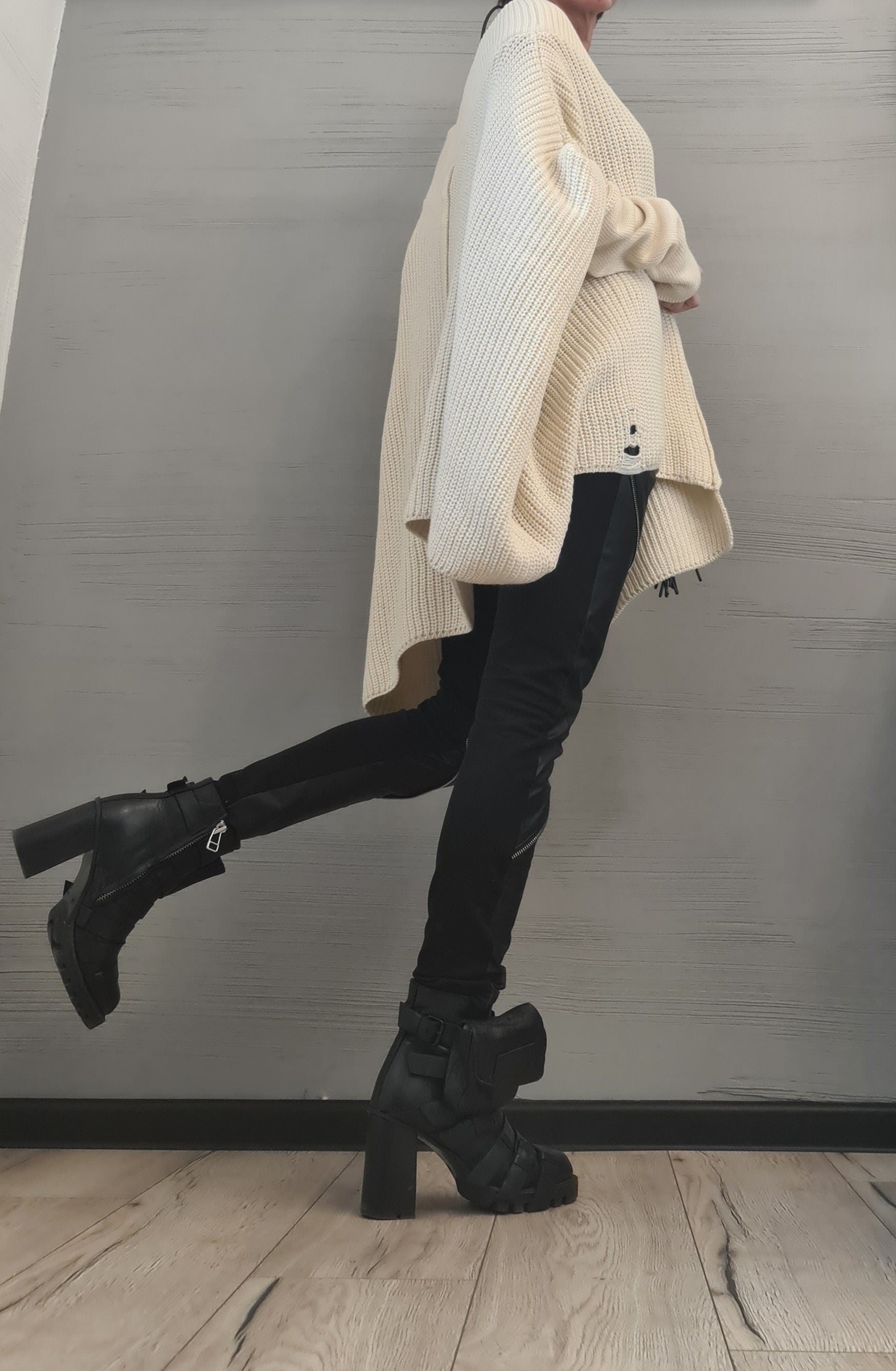 Asymmetrical Beige Tunic, Avant Garde Tunic, Knitted Tunic, Deconstructed Top, Gothic tunic, Loose Long Sleeve Top,New collection