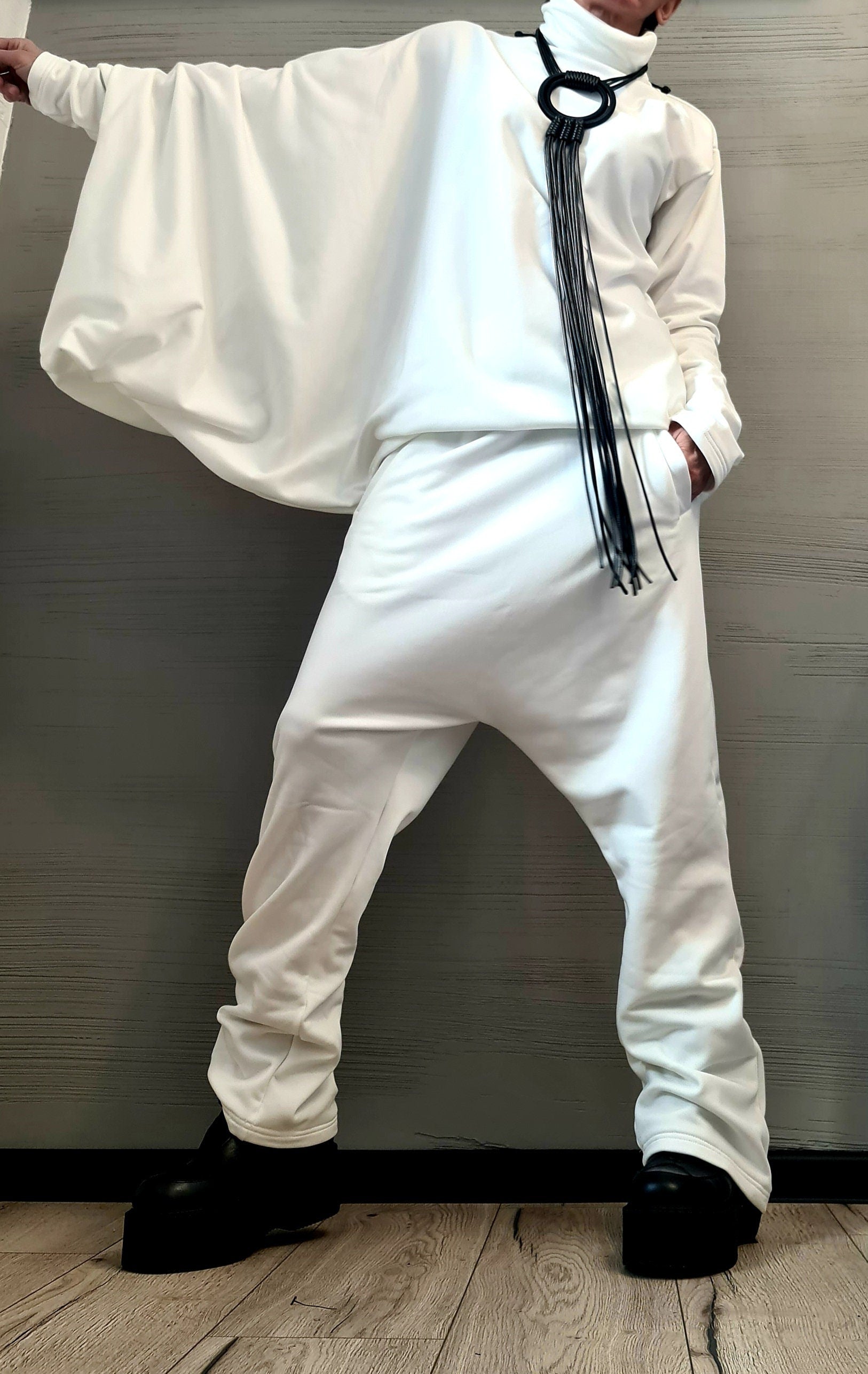 New collection Extravagant Cotton Set, Harem pant, Asymmetrical Set, Outwear Women Set, Warm White Set