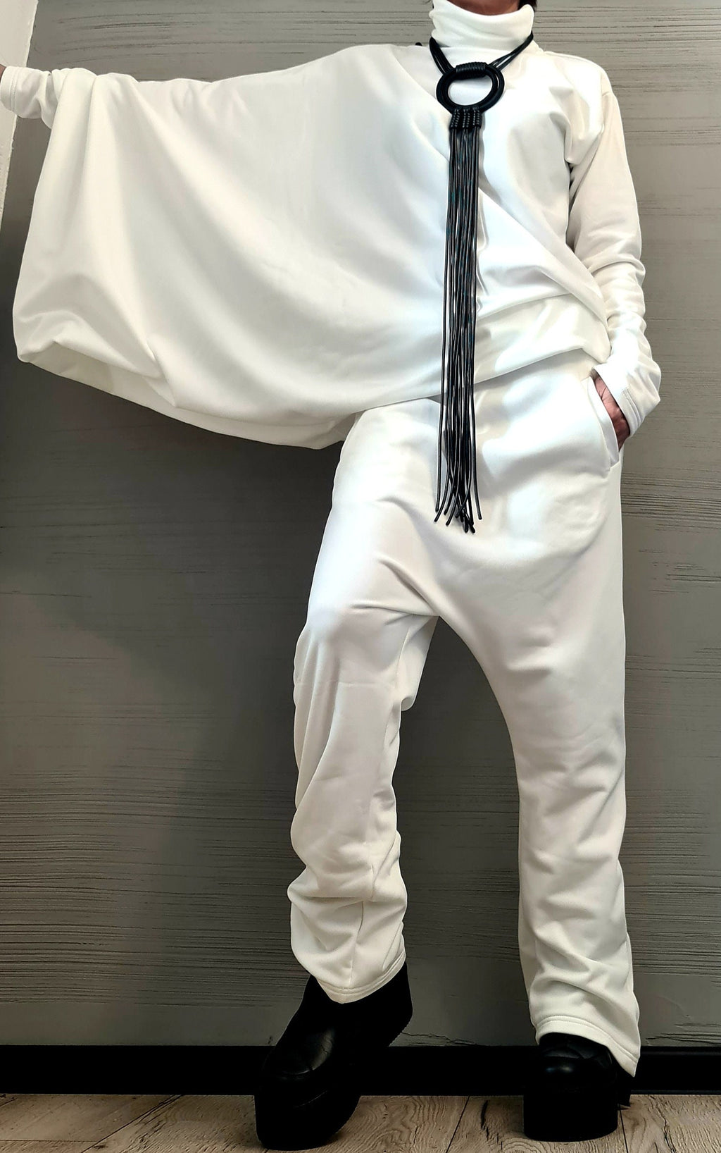 New collection Extravagant Cotton Set, Harem pant, Asymmetrical Set, Outwear Women Set, Warm White Set