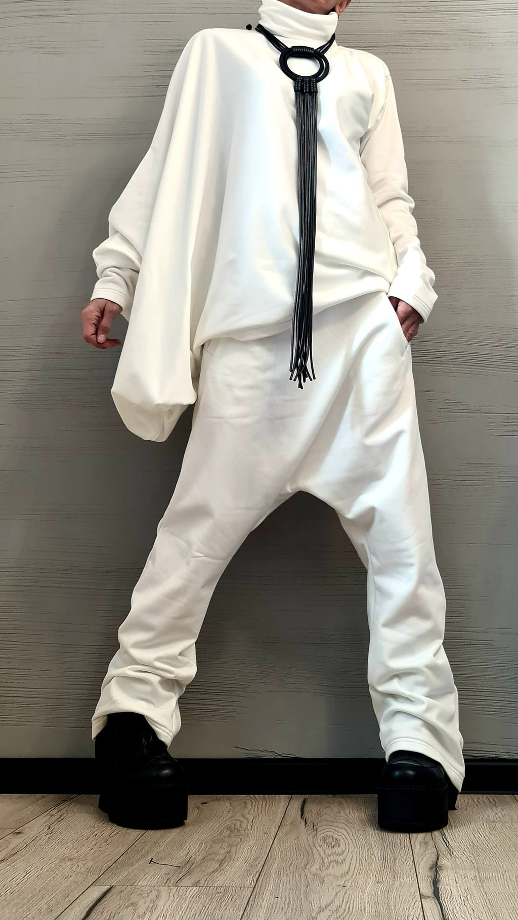 New collection Extravagant Cotton Set, Harem pant, Asymmetrical Set, Outwear Women Set, Warm White Set
