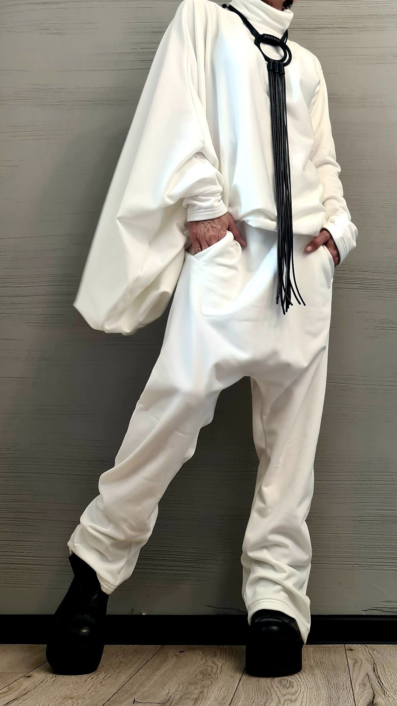 New collection Extravagant Cotton Set, Harem pant, Asymmetrical Set, Outwear Women Set, Warm White Set