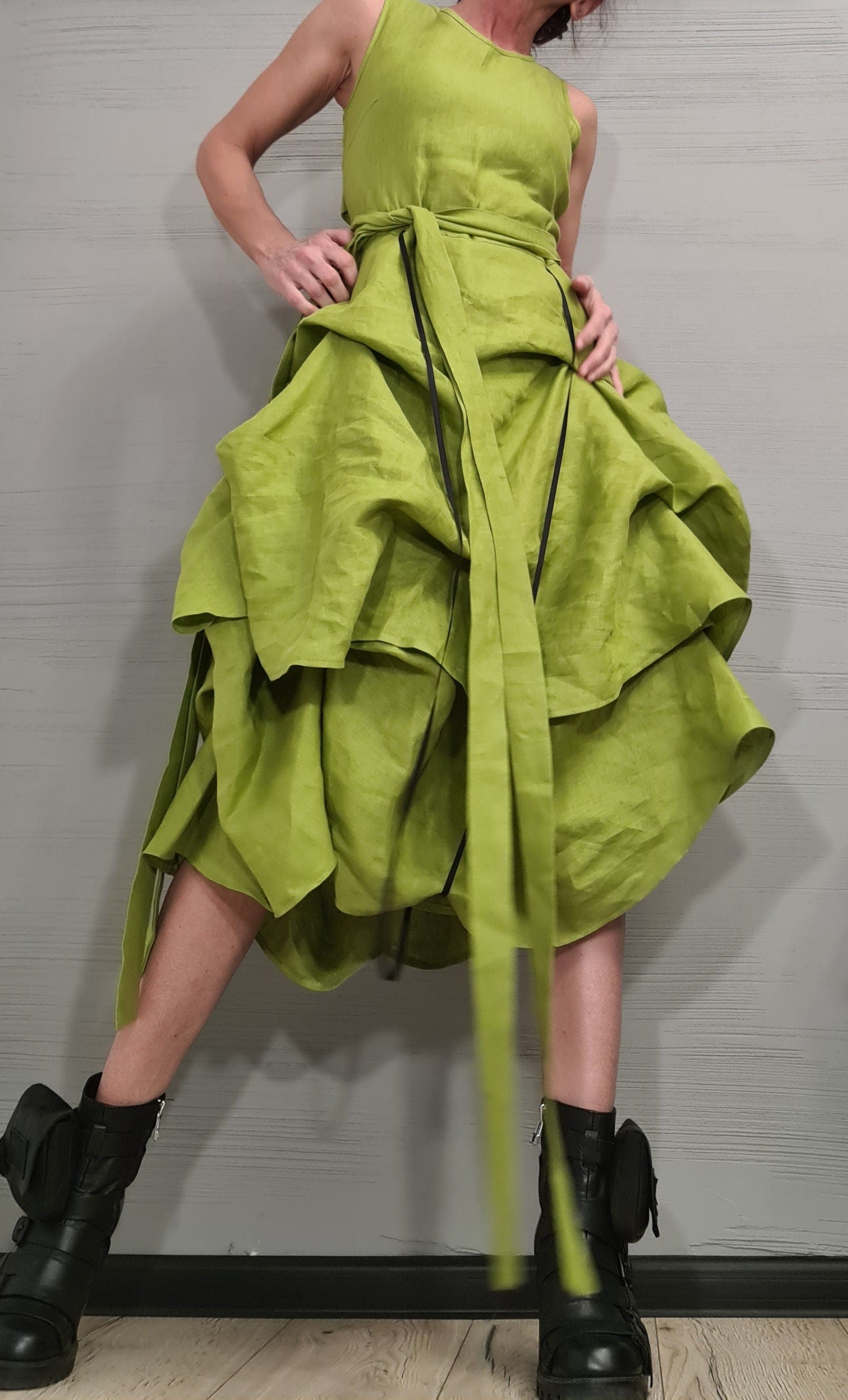 Linen Extravagant Yellow Dress, Asymmetric Linen Dress, Sleeveless Dress, New collection