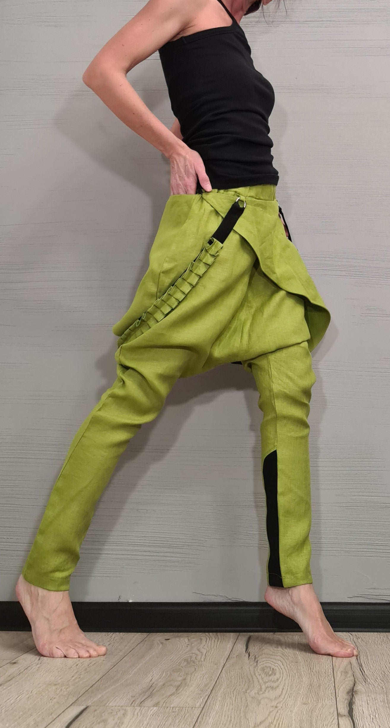 Extravagant Linen Pants, Avant Garde Pants, Harem Pants Women, Drop Crotch Pants, Asymmetric Casual Pants