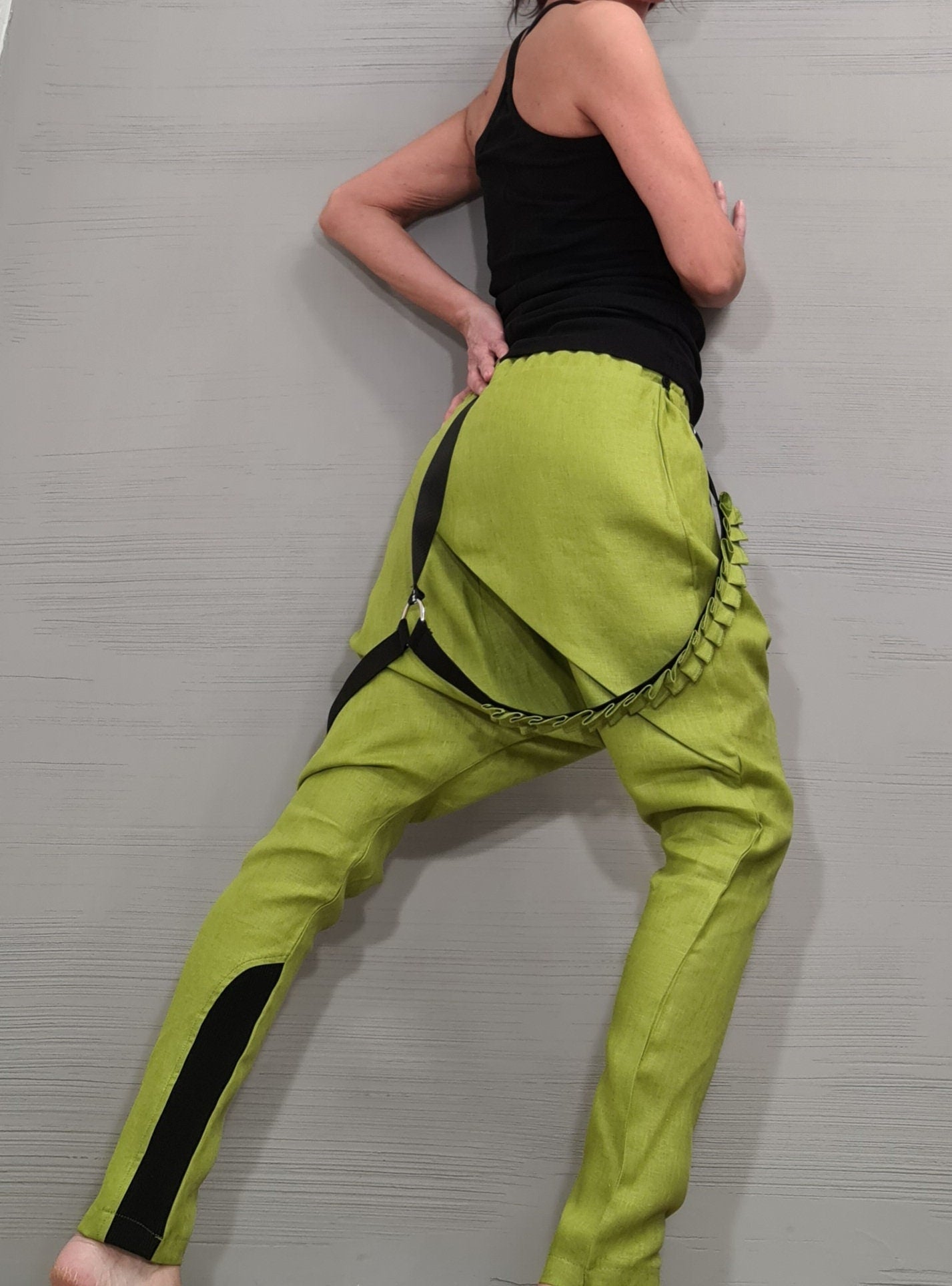 Extravagant Linen Pants, Avant Garde Pants, Harem Pants Women, Drop Crotch Pants, Asymmetric Casual Pants