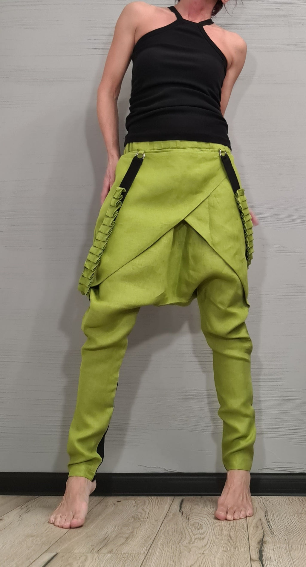 Extravagant Linen Pants, Avant Garde Pants, Harem Pants Women, Drop Crotch Pants, Asymmetric Casual Pants